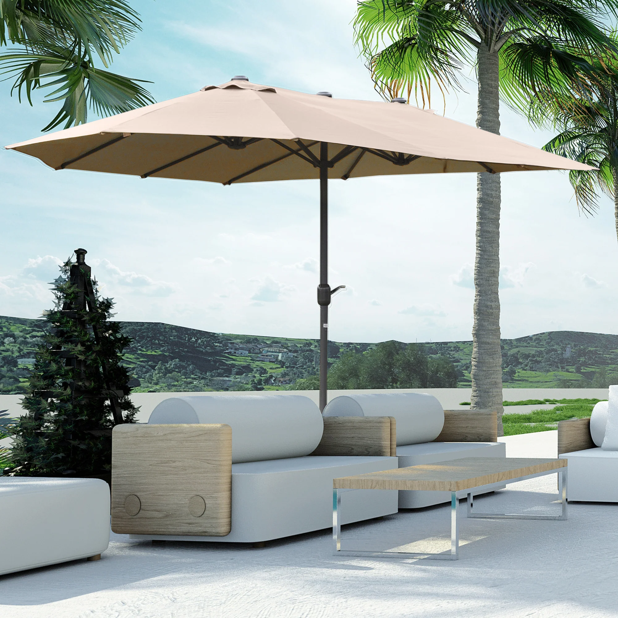 15' Twin Canopy Patio Umbrella with Crank & Cross Base, Khaki - Image 3