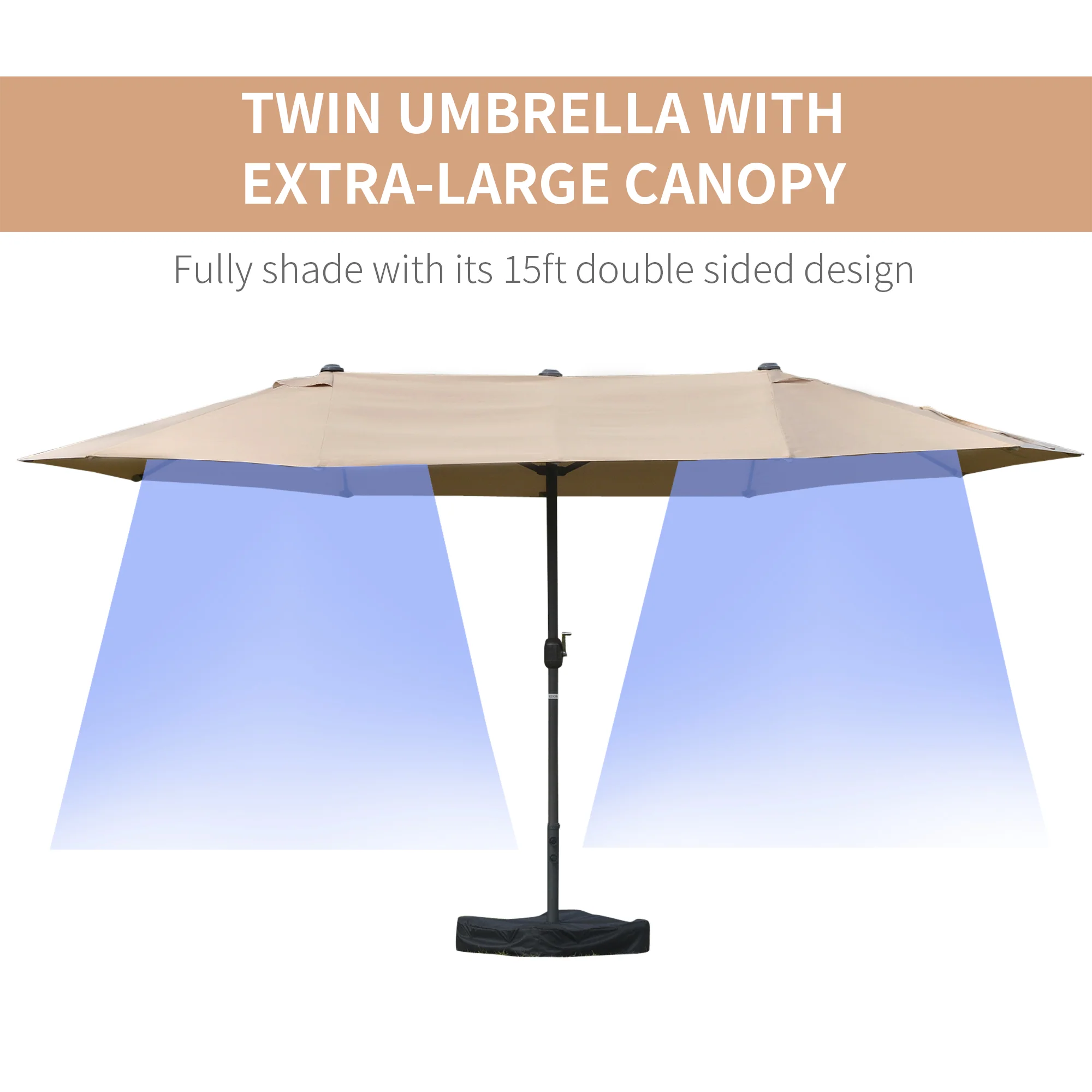 15' Twin Canopy Patio Umbrella with Crank & Cross Base, Khaki - Image 6