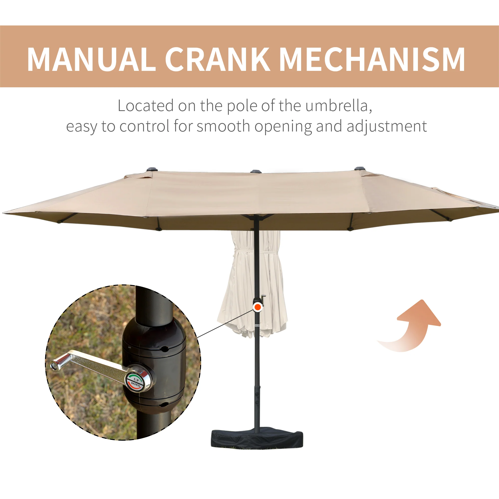 15' Twin Canopy Patio Umbrella with Crank & Cross Base, Khaki - Image 8