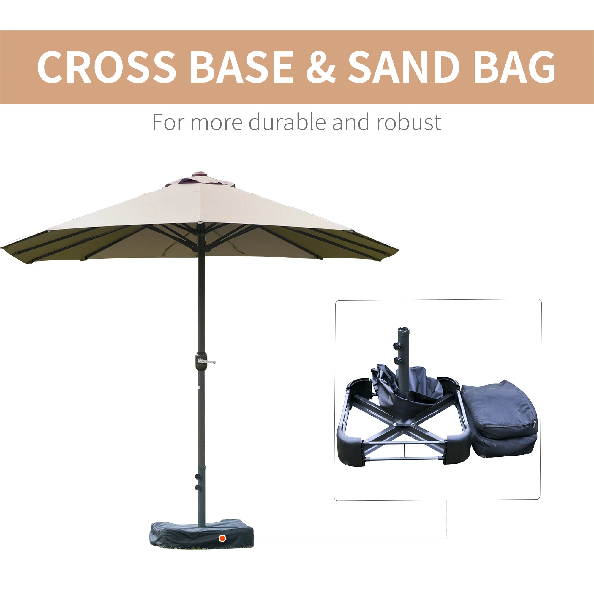 15' Outdoor Patio Umbrella with Twin Canopy, Lift Crank and Sandbag, Light Grey - Image 7
