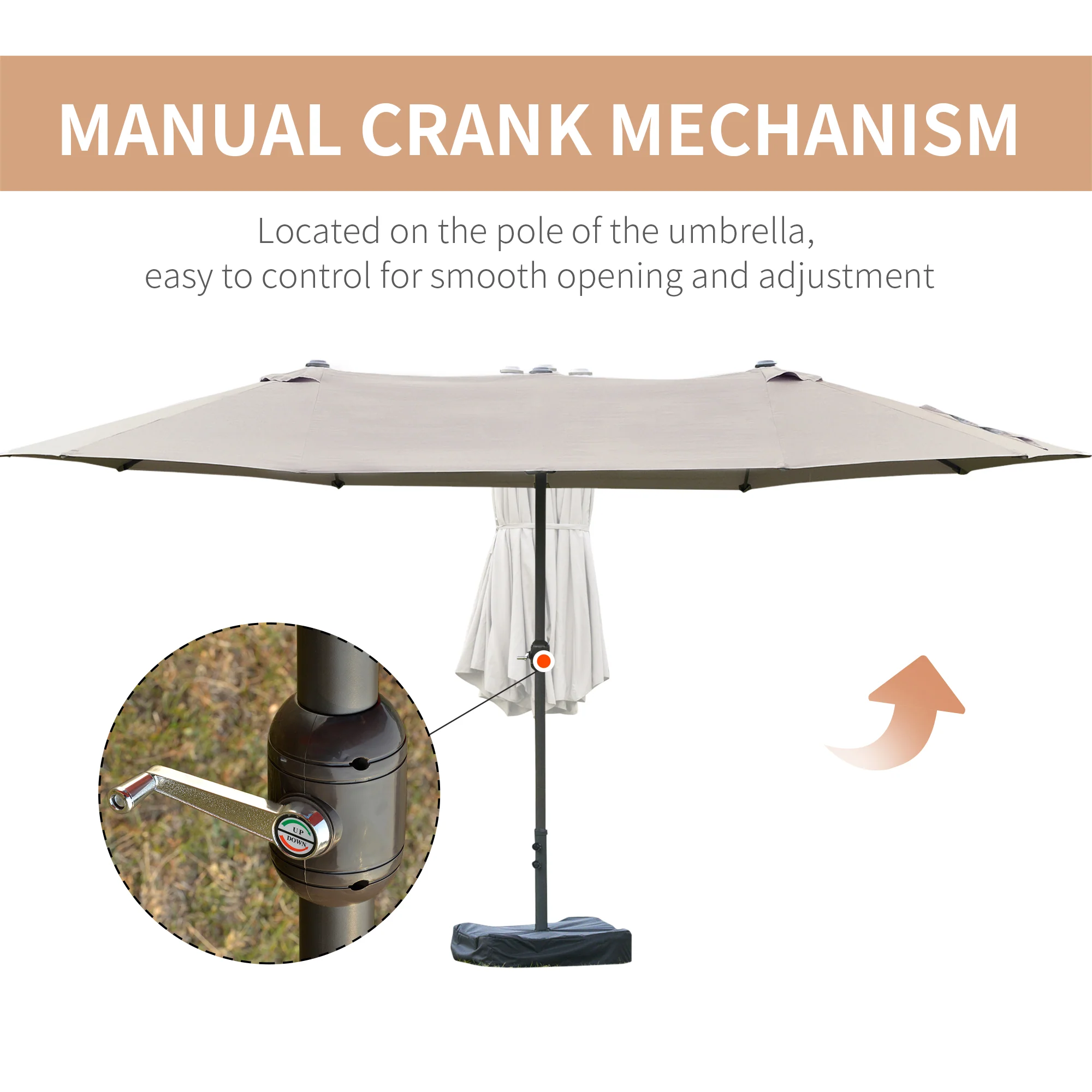 15' Outdoor Patio Umbrella with Twin Canopy, Lift Crank and Sandbag, Light Grey - Image 8