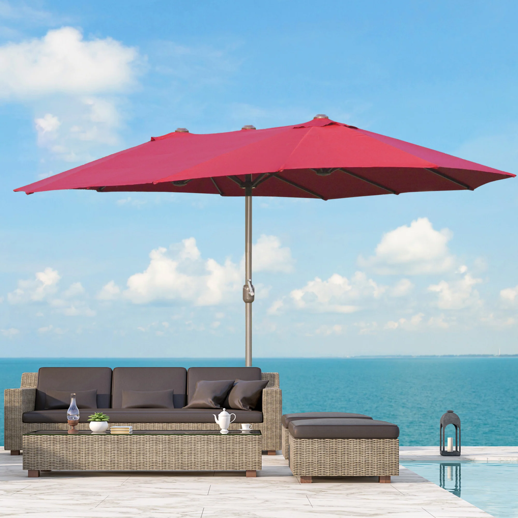 15' Twin Canopy Patio Umbrella with Crank & Cross Base, Wine Red - Image 4