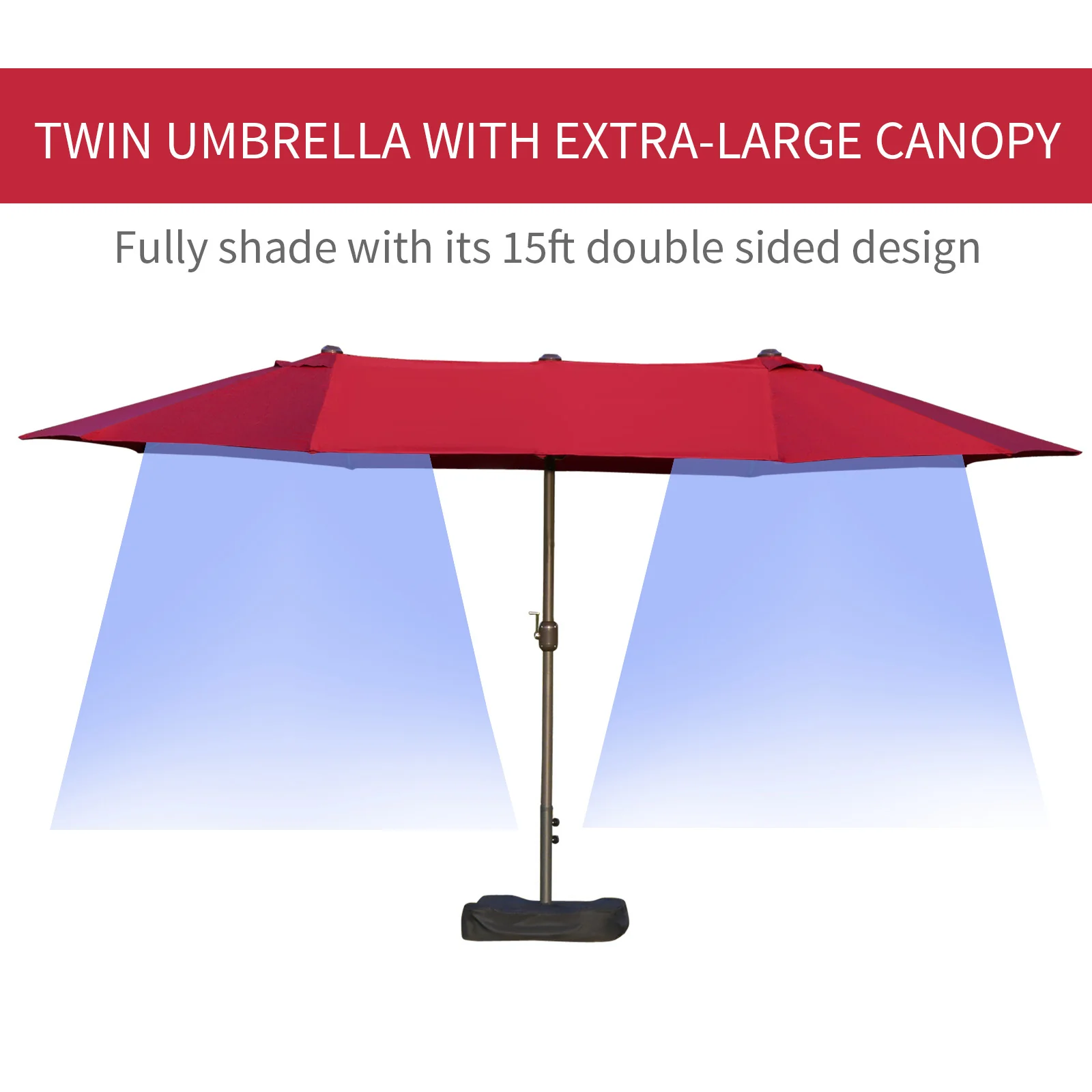 15' Twin Canopy Patio Umbrella with Crank & Cross Base, Wine Red - Image 9