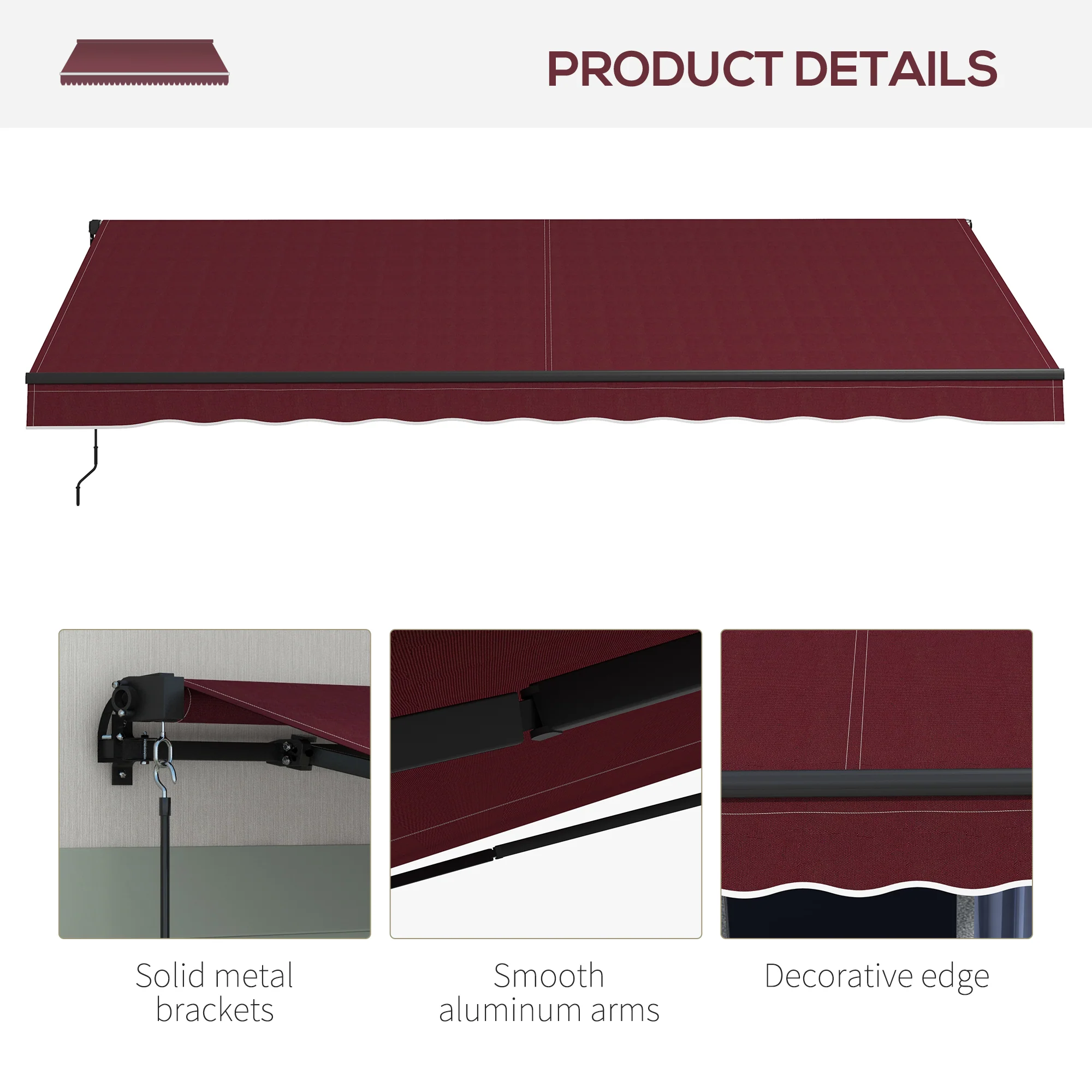 15' x 10' Retractable Awning with Manual Crank, 280gsm UV Resistant Fabric and Aluminum Frame, Wine Red - Image 10