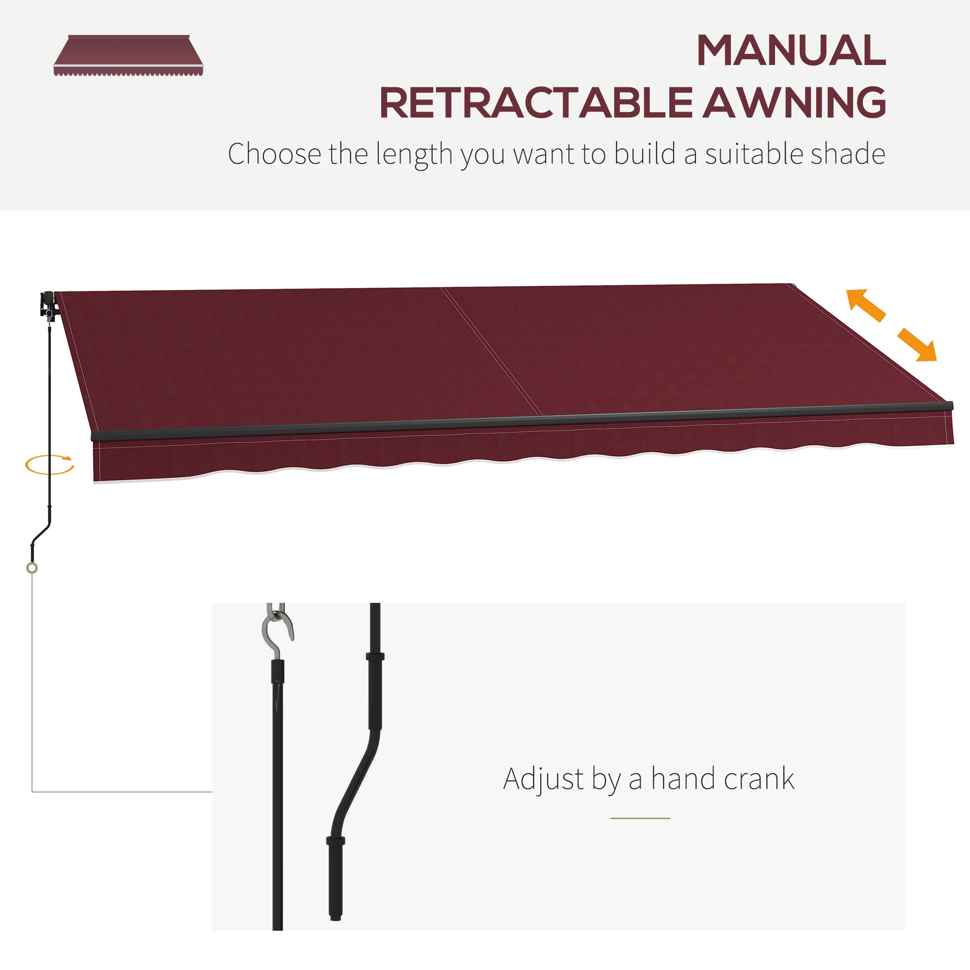 15' x 10' Retractable Awning with Manual Crank, 280gsm UV Resistant Fabric and Aluminum Frame, Wine Red - Image 6