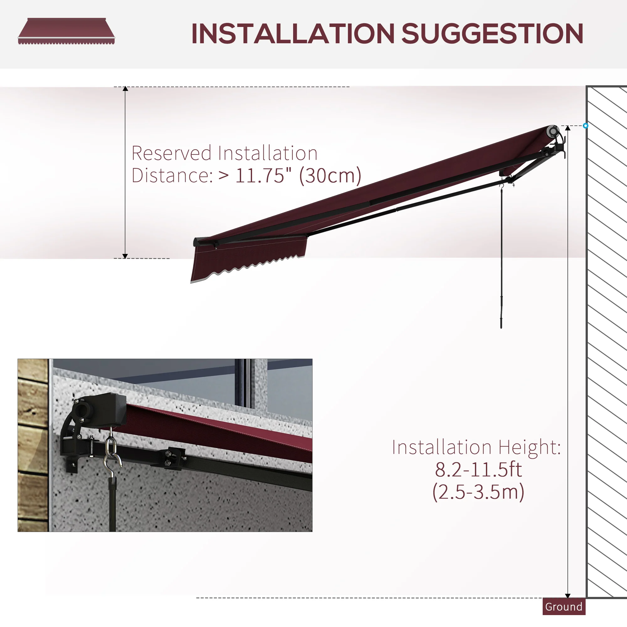 15' x 10' Retractable Awning with Manual Crank, 280gsm UV Resistant Fabric and Aluminum Frame, Wine Red - Image 9
