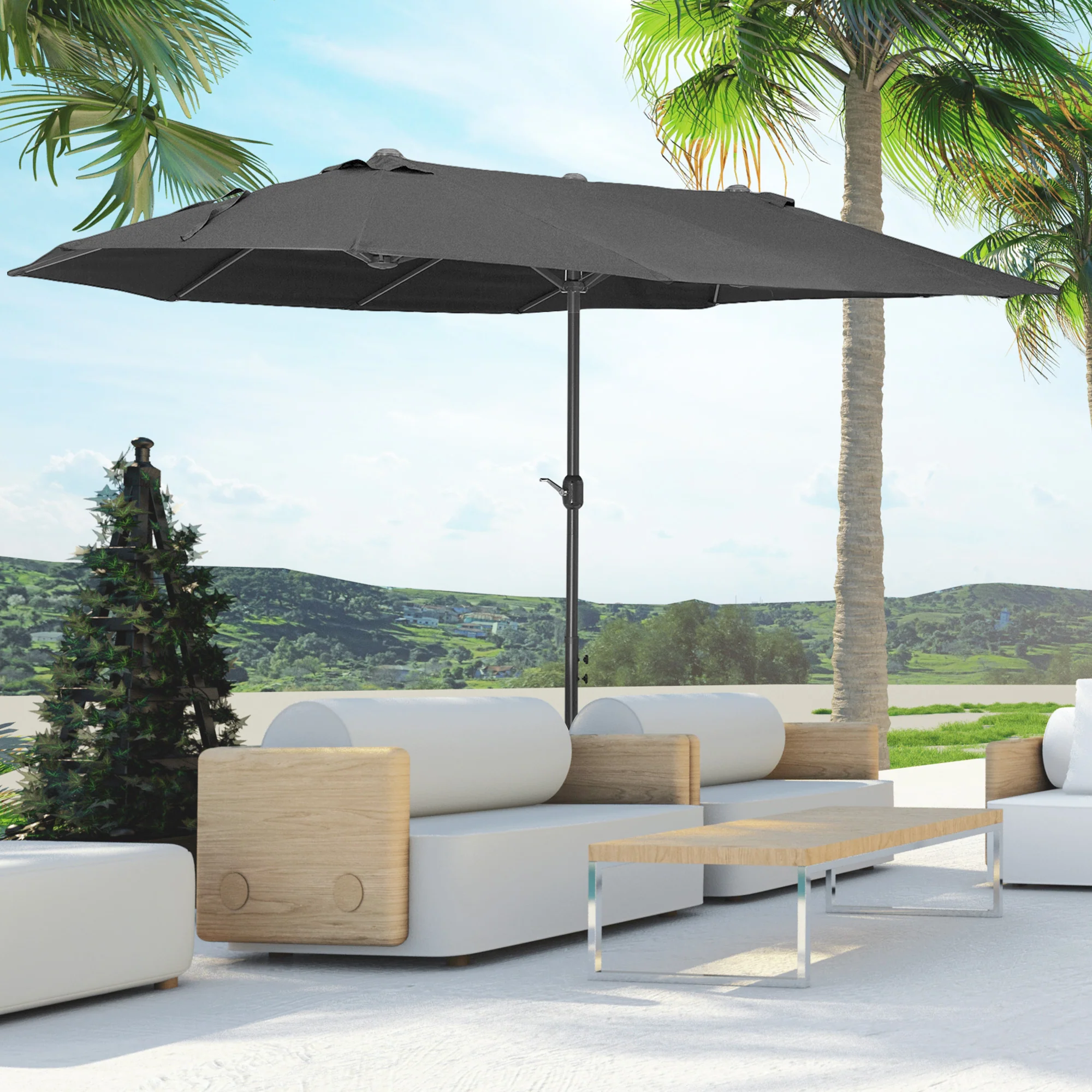 15' Twin Canopy Patio Umbrella with Crank, Air Vents, Black - Image 3