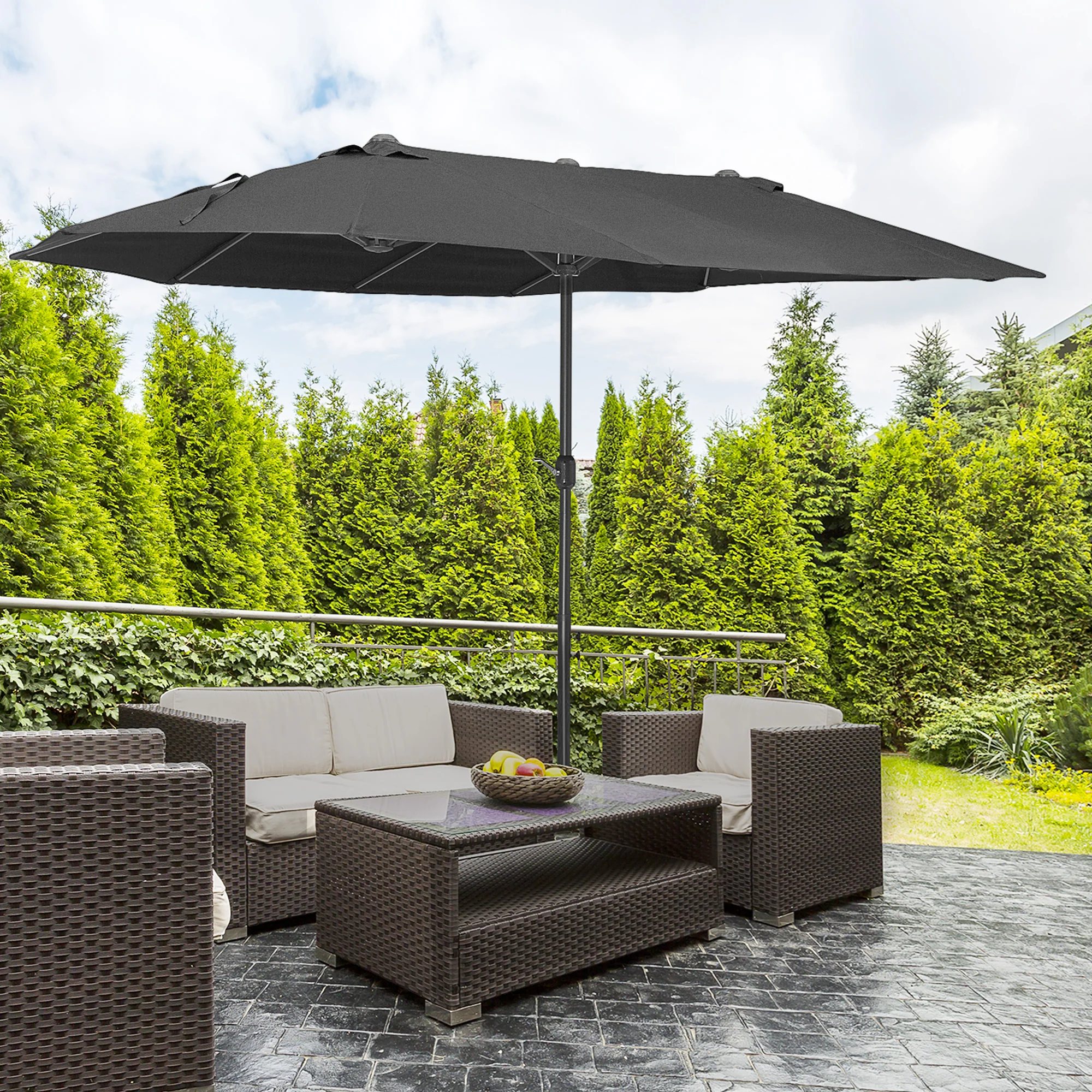 15' Twin Canopy Patio Umbrella with Crank, Air Vents, Black - Image 4