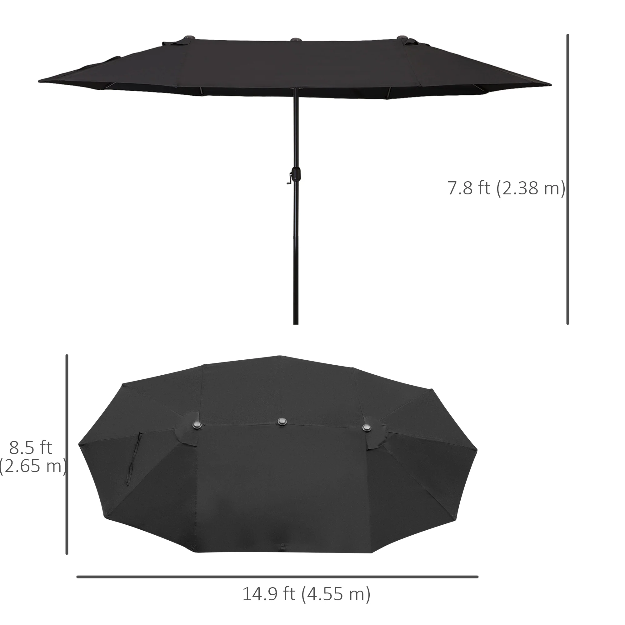 15' Twin Canopy Patio Umbrella with Crank, Air Vents, Black - Image 5
