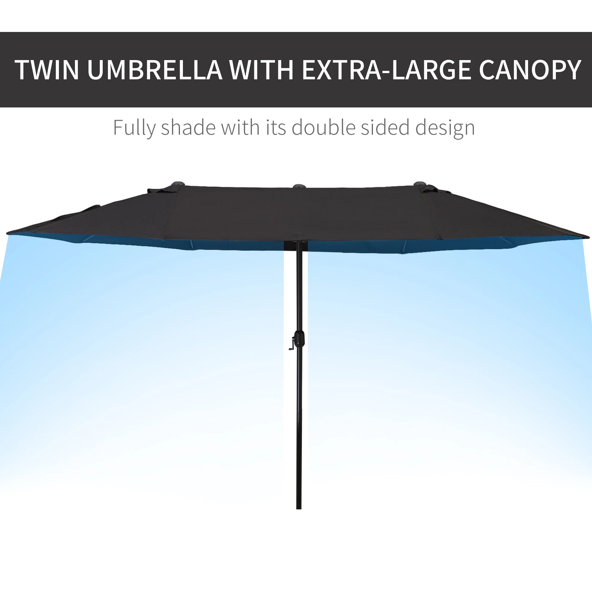 15' Twin Canopy Patio Umbrella with Crank, Air Vents, Black - Image 6