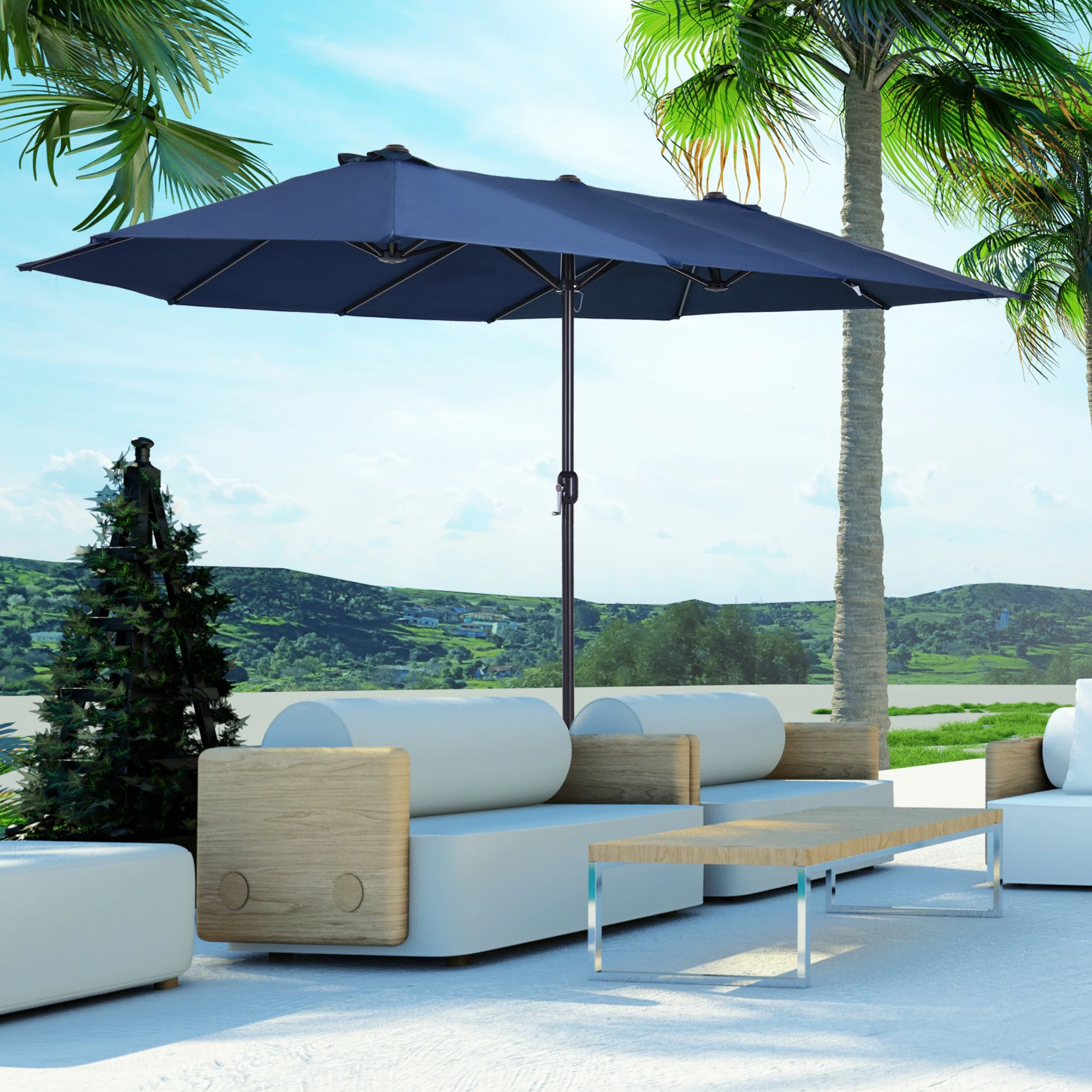 15' Twin Canopy Patio Umbrella with Crank, Air Vents, Blue - Image 3