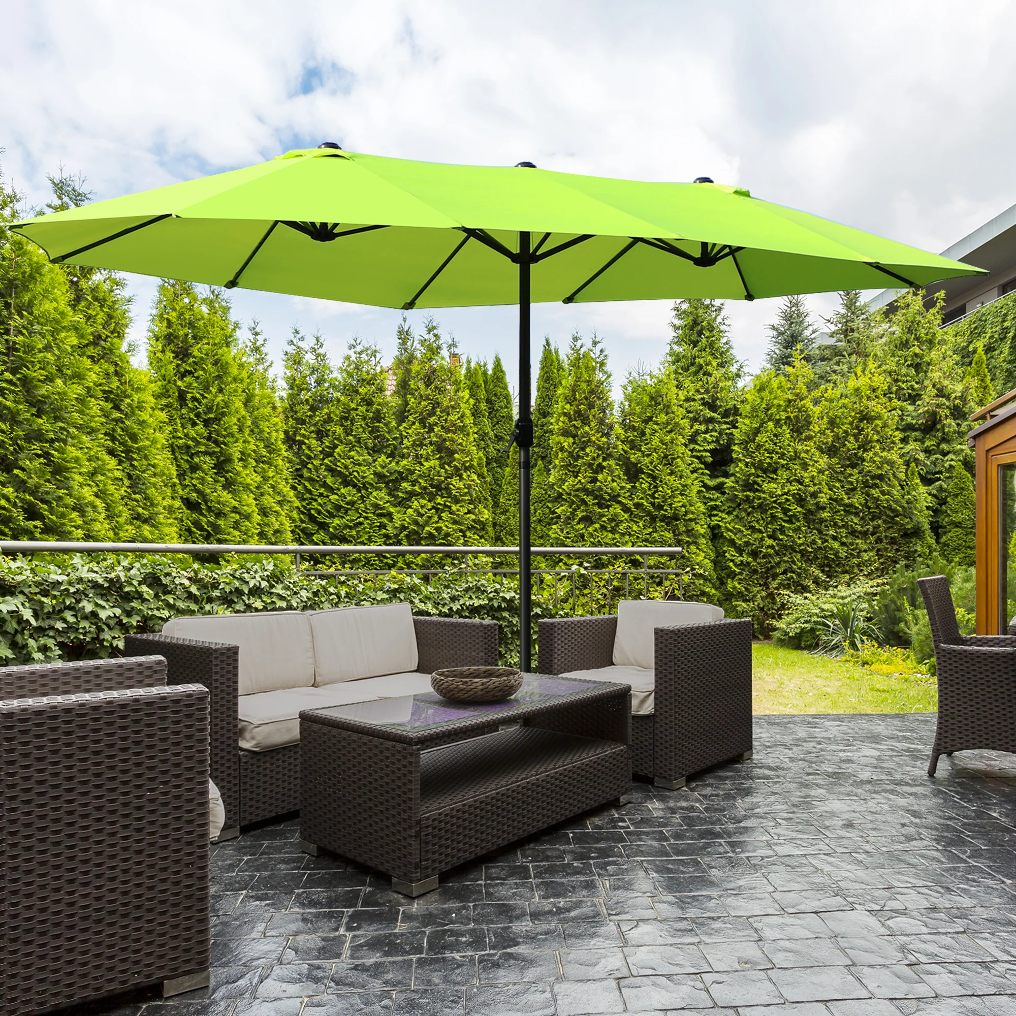 15' Twin Canopy Patio Umbrella with Crank , Air Vents, Green - Image 3