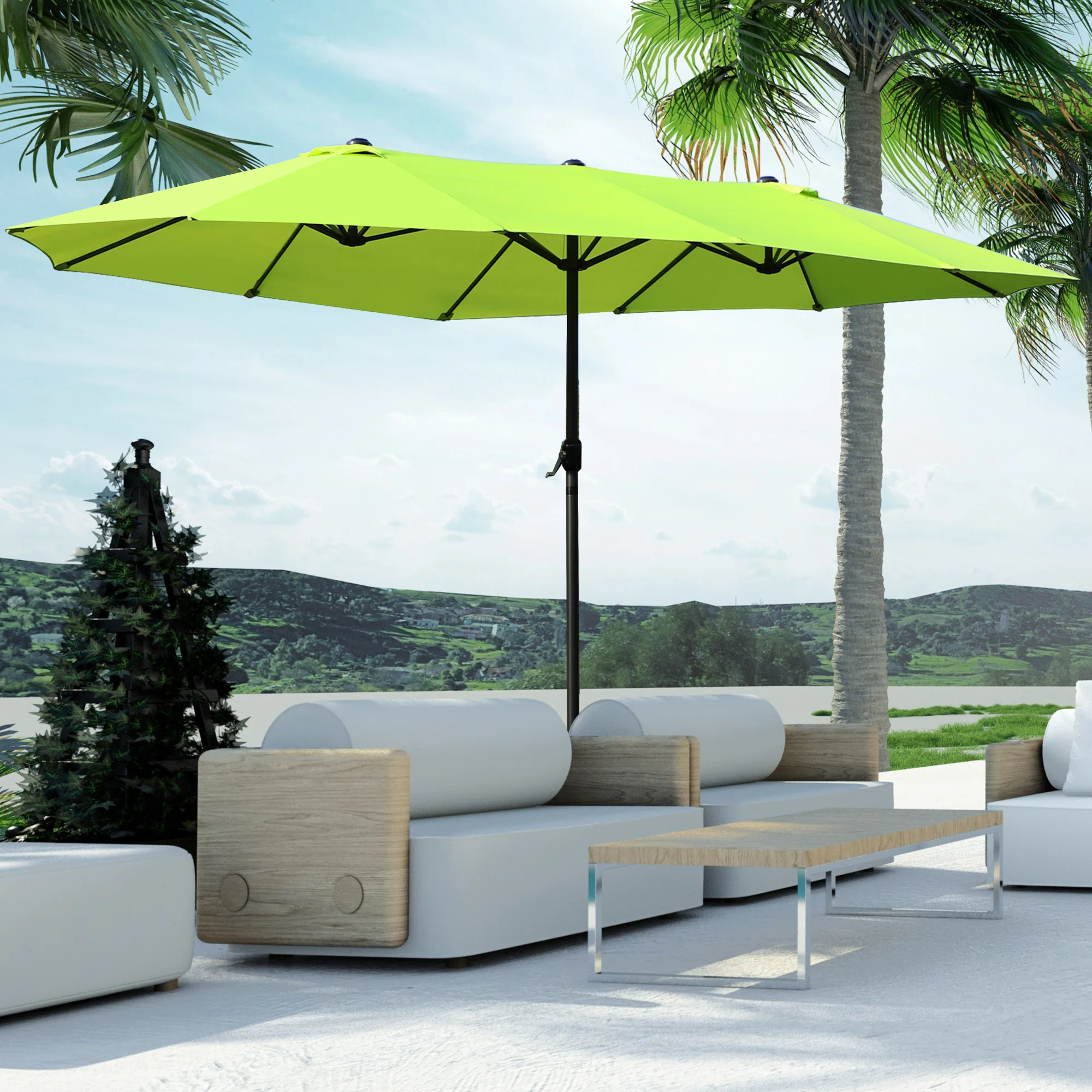15' Twin Canopy Patio Umbrella with Crank , Air Vents, Green - Image 4