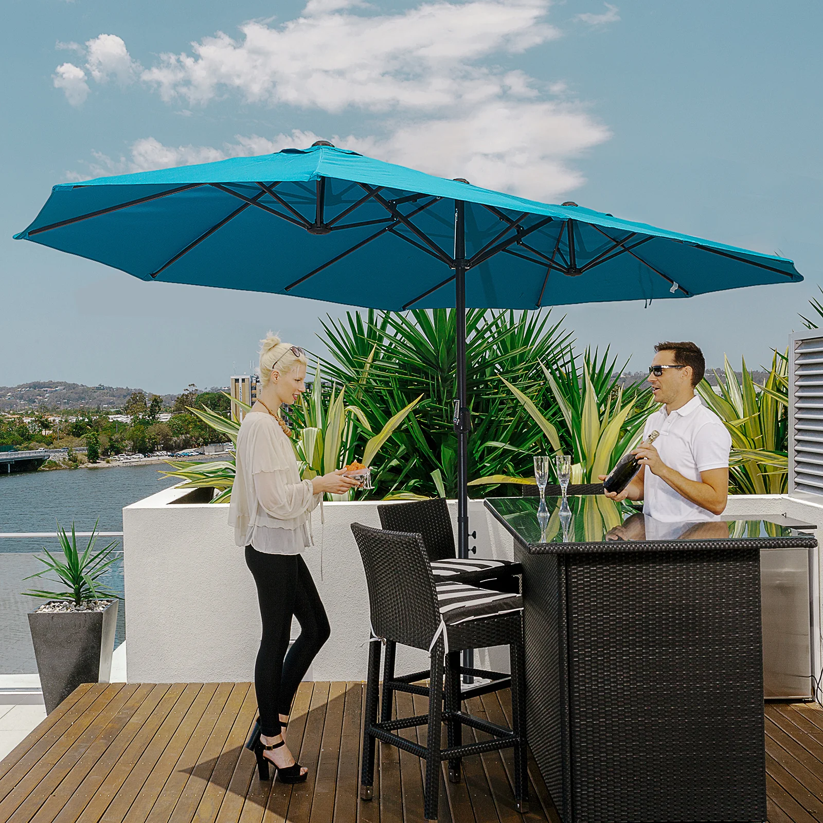 15' Twin Canopy Patio Umbrella with Crank, Air Vents, Sky Blue - Image 3