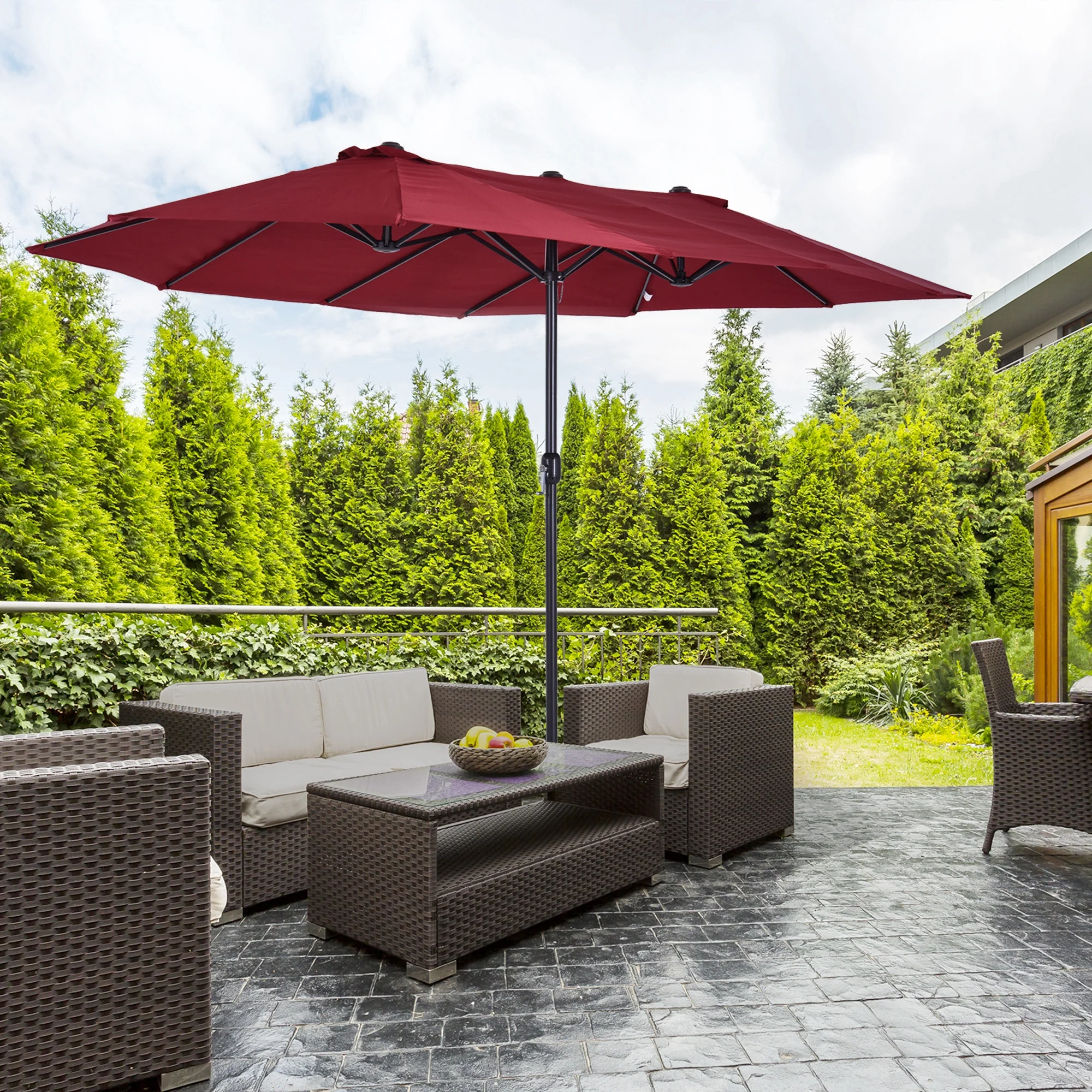 17' Twin Canopy Patio Umbrella with Crank(Stand Not Included), Wine Red - Image 3