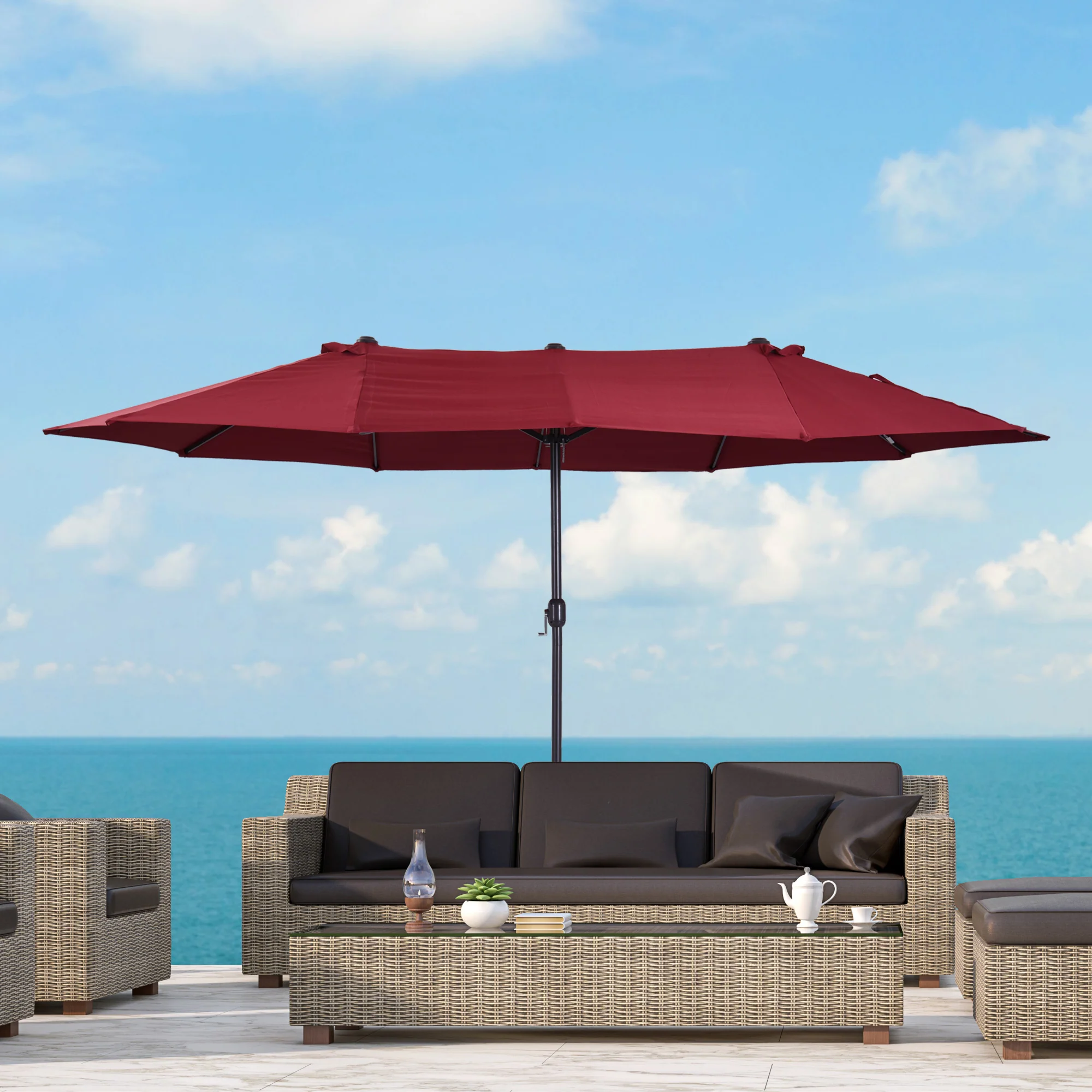17' Twin Canopy Patio Umbrella with Crank(Stand Not Included), Wine Red - Image 4