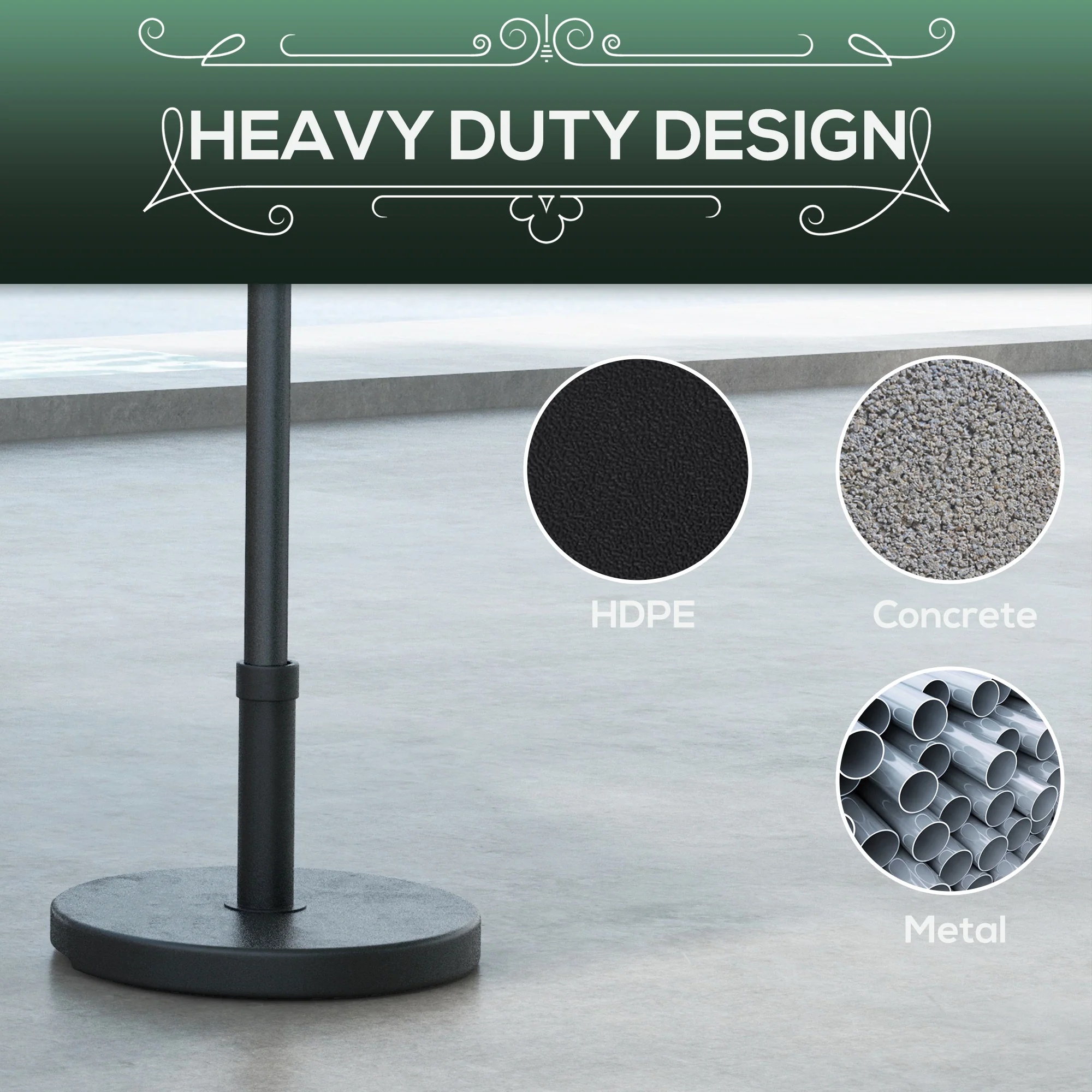 15kg 46.5cm Round Concrete Parasol Base w/ Grip Handle for 24 to 38mm Poles, Black - Image 7