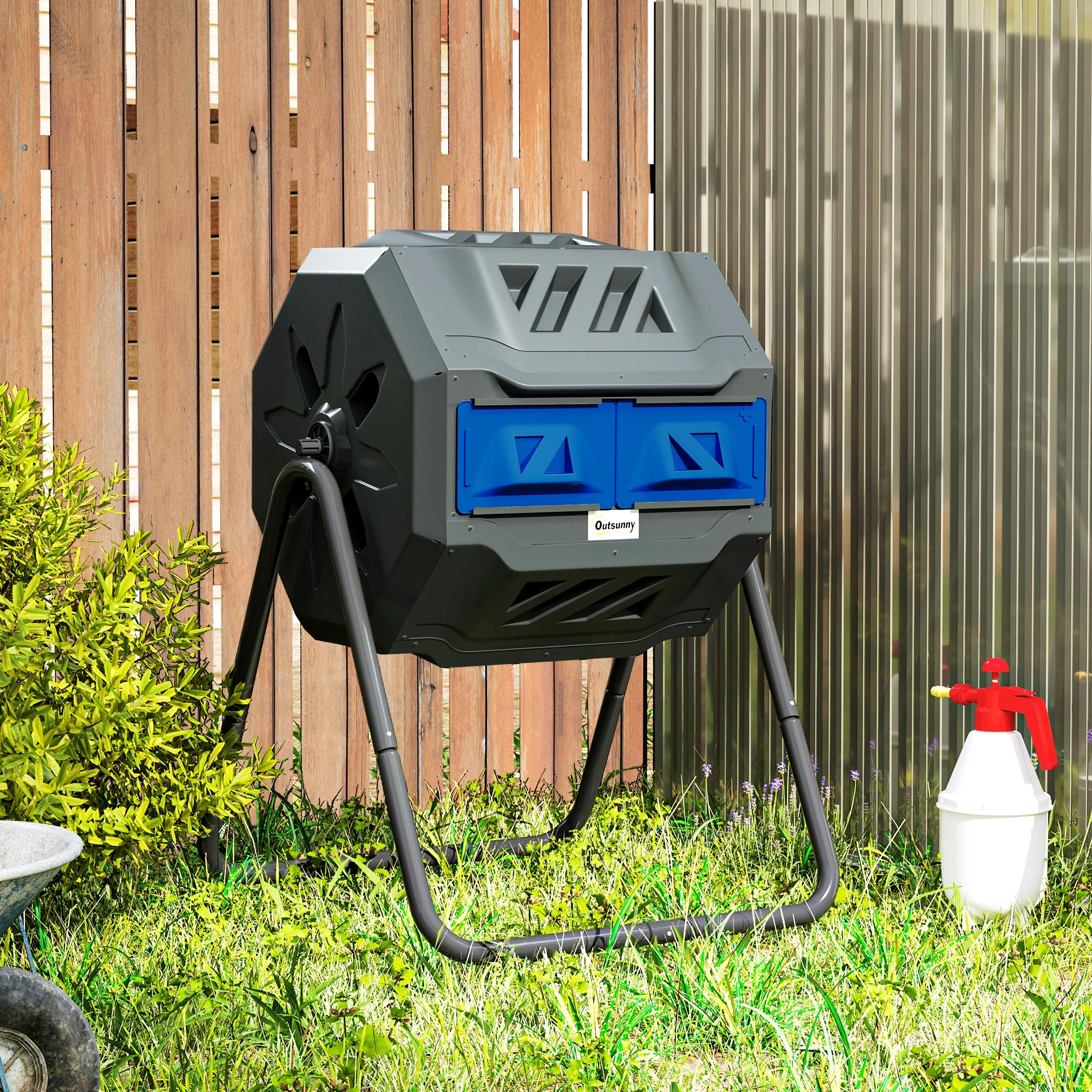 160L Tumbling Compost Bin Outdoor Dual Chamber 360° Rotating Composter, Garden Compost Bin w/ Sliding Doors & Solid Steel Frame, Blue - Image 10