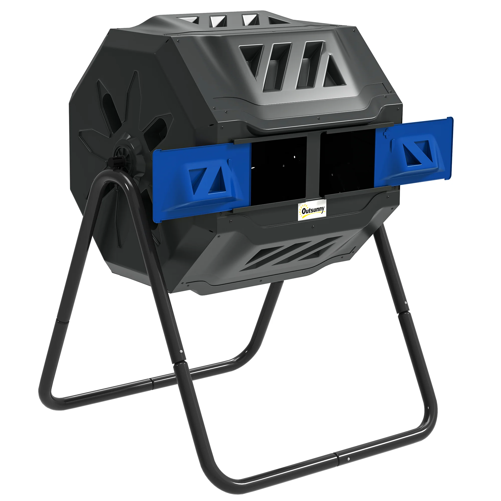 160L Tumbling Compost Bin Outdoor Dual Chamber 360° Rotating Composter, Garden Compost Bin w/ Sliding Doors & Solid Steel Frame, Blue - Image 12