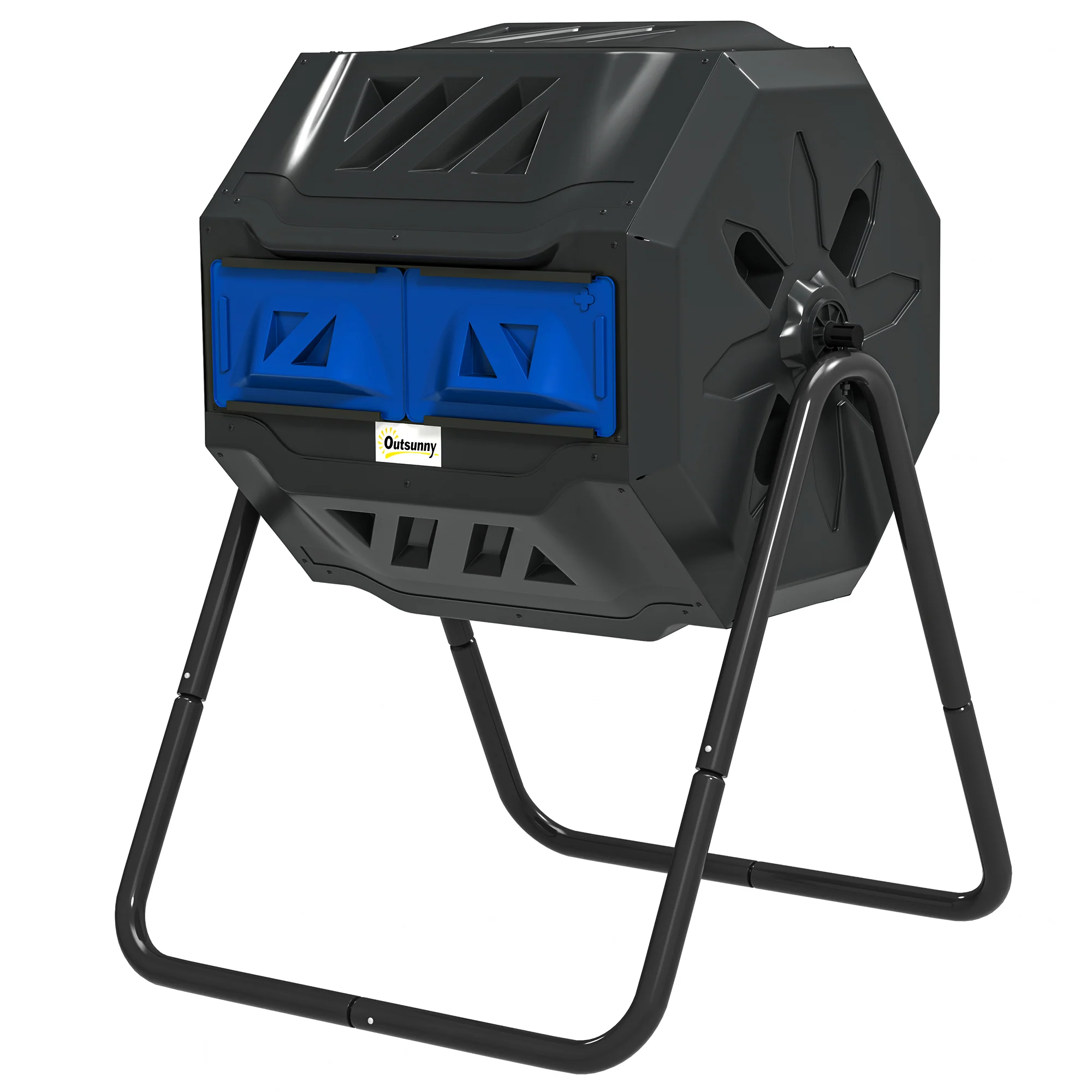 160L Tumbling Compost Bin Outdoor Dual Chamber 360° Rotating Composter, Garden Compost Bin w/ Sliding Doors & Solid Steel Frame, Blue - Image 2
