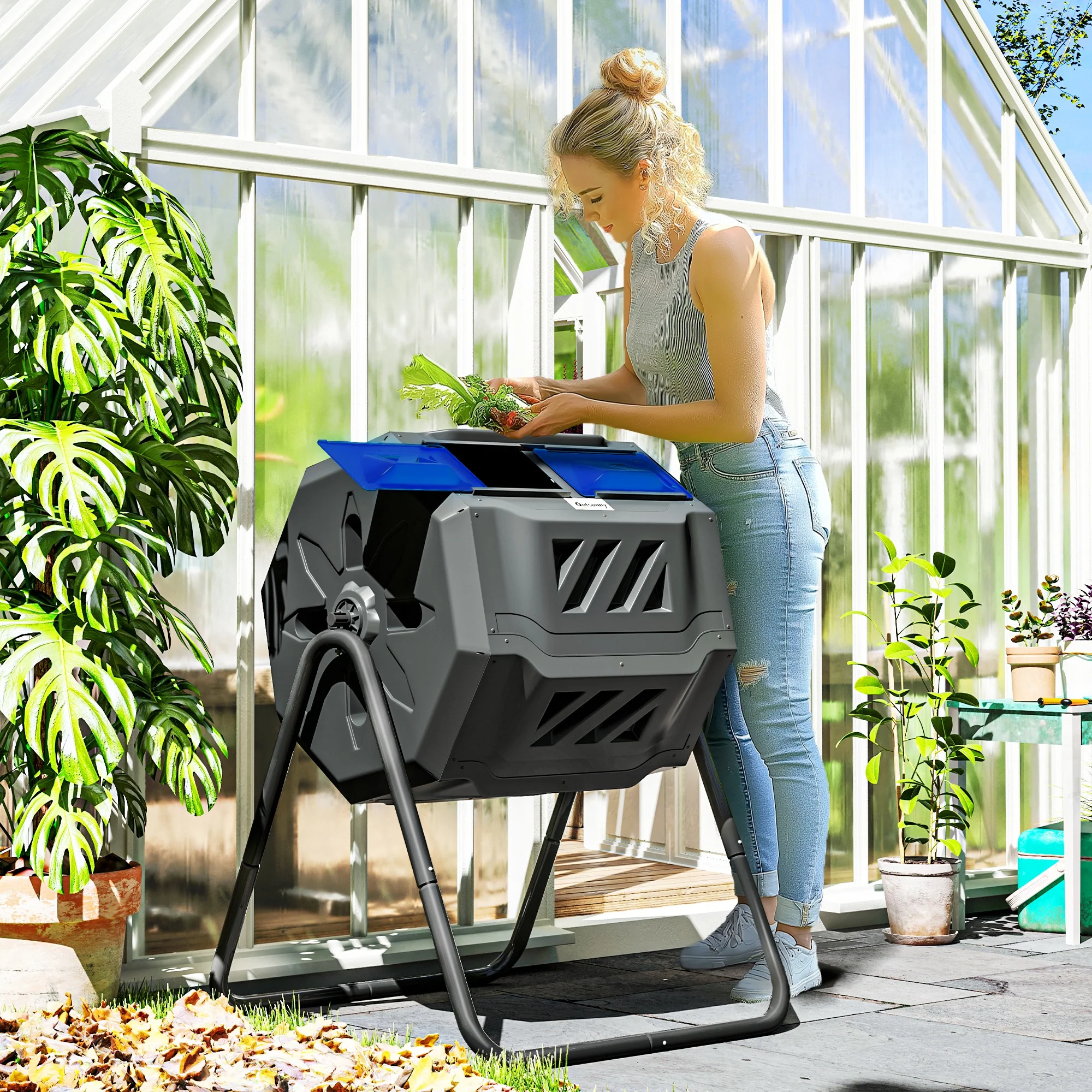 160L Tumbling Compost Bin Outdoor Dual Chamber 360° Rotating Composter, Garden Compost Bin w/ Sliding Doors & Solid Steel Frame, Blue - Image 3
