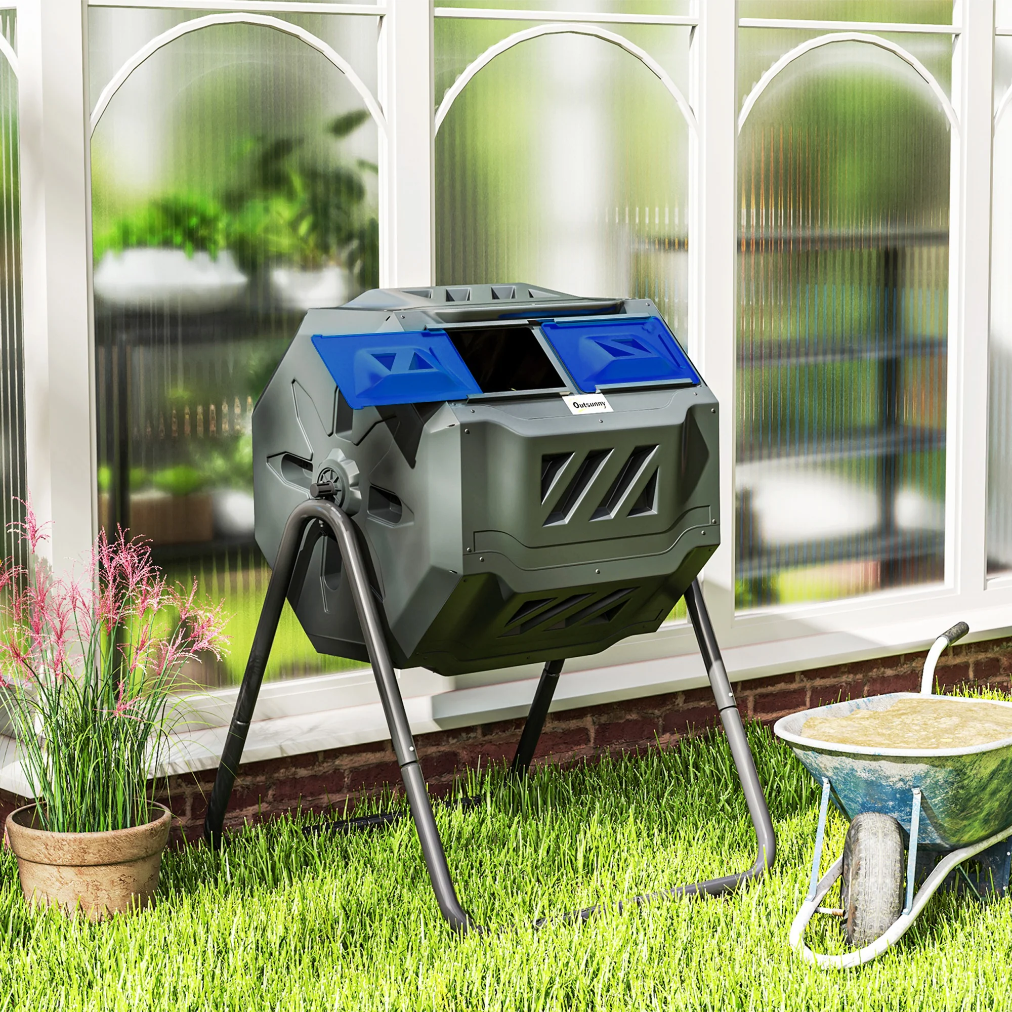 160L Tumbling Compost Bin Outdoor Dual Chamber 360° Rotating Composter, Garden Compost Bin w/ Sliding Doors & Solid Steel Frame, Blue - Image 4