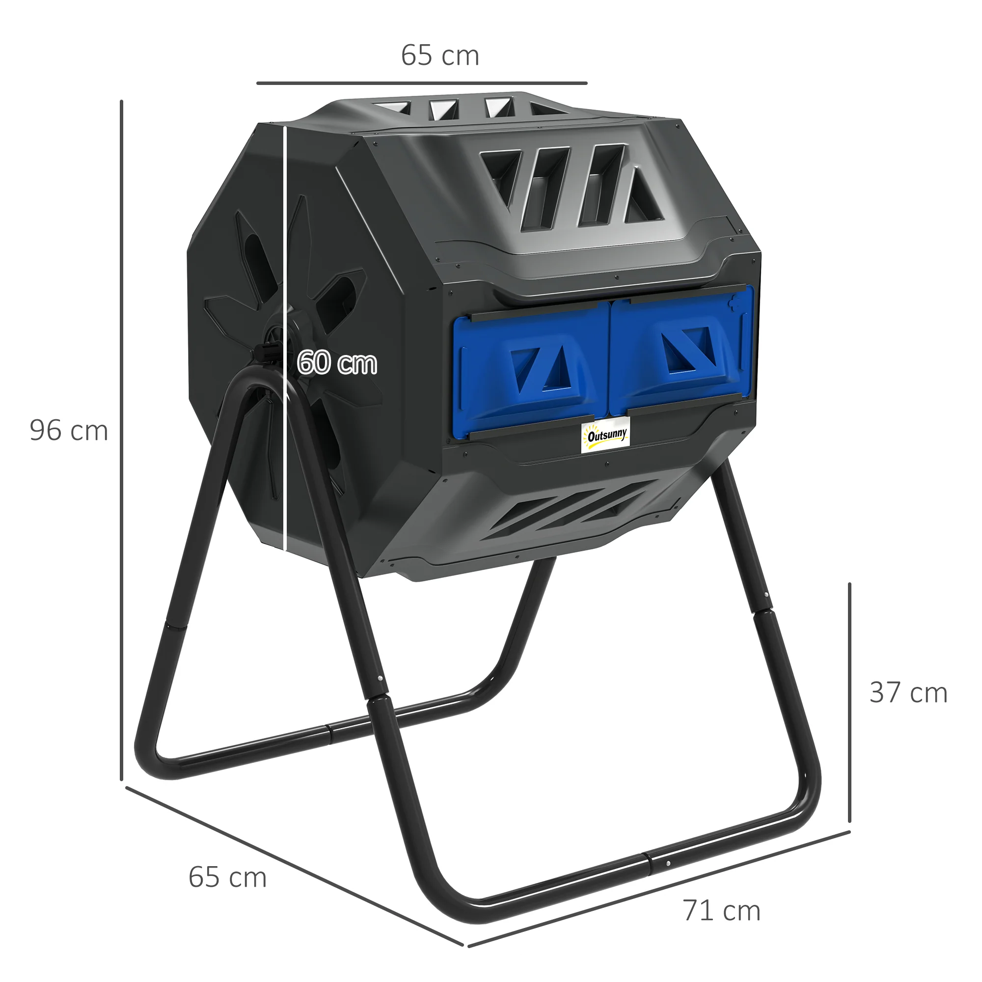 160L Tumbling Compost Bin Outdoor Dual Chamber 360° Rotating Composter, Garden Compost Bin w/ Sliding Doors & Solid Steel Frame, Blue - Image 5