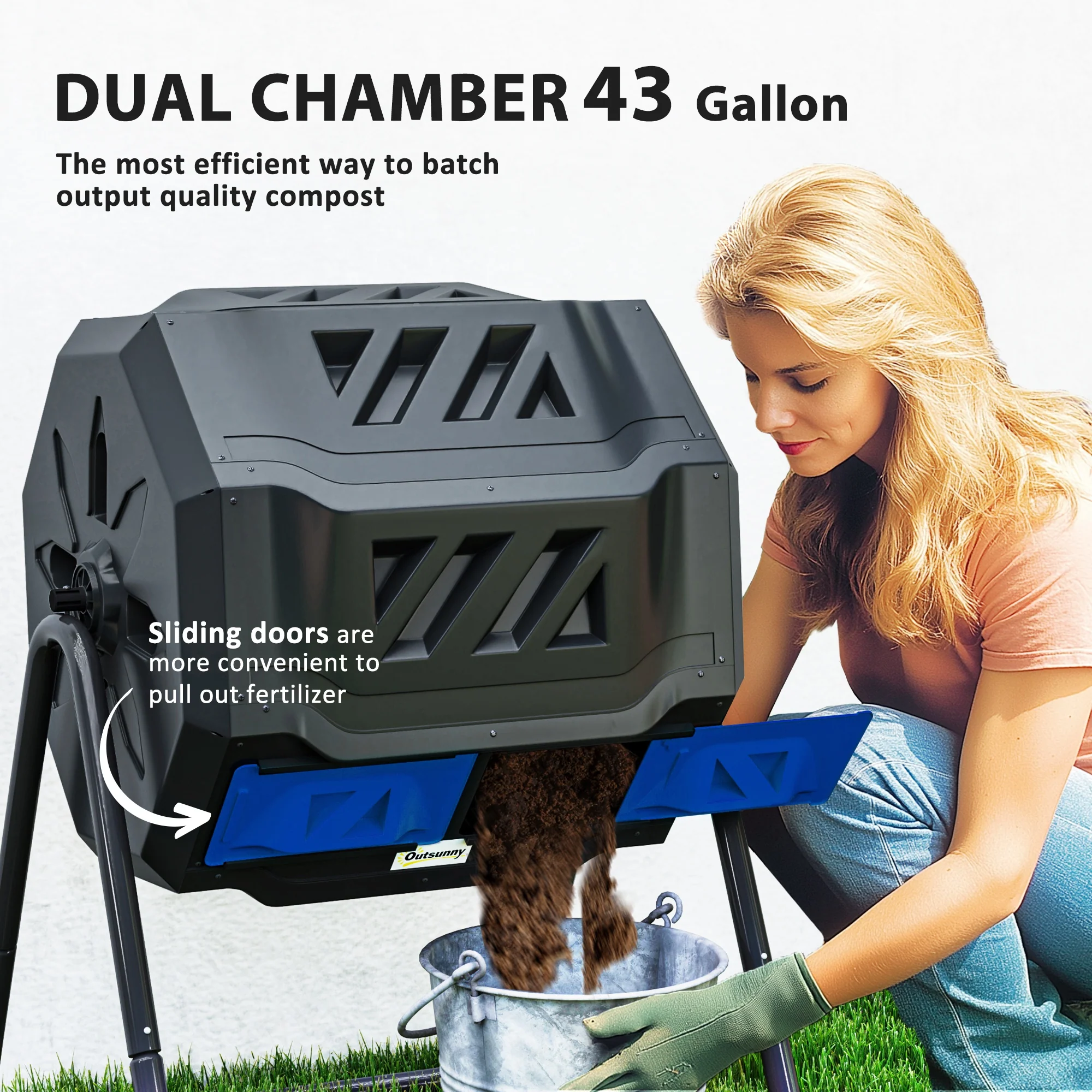 160L Tumbling Compost Bin Outdoor Dual Chamber 360° Rotating Composter, Garden Compost Bin w/ Sliding Doors & Solid Steel Frame, Blue - Image 6