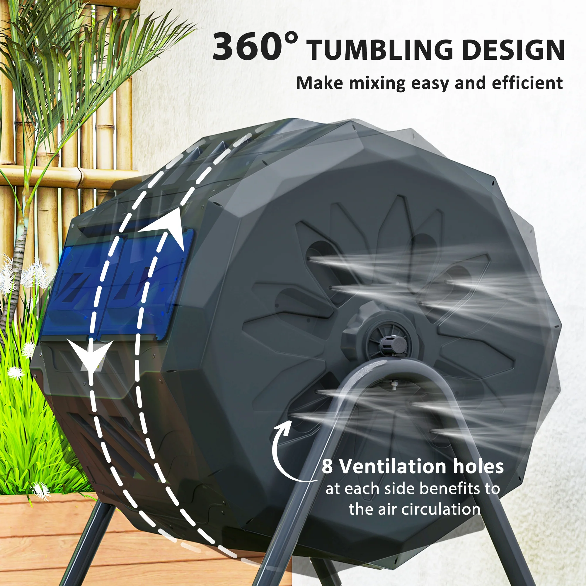160L Tumbling Compost Bin Outdoor Dual Chamber 360° Rotating Composter, Garden Compost Bin w/ Sliding Doors & Solid Steel Frame, Blue - Image 7