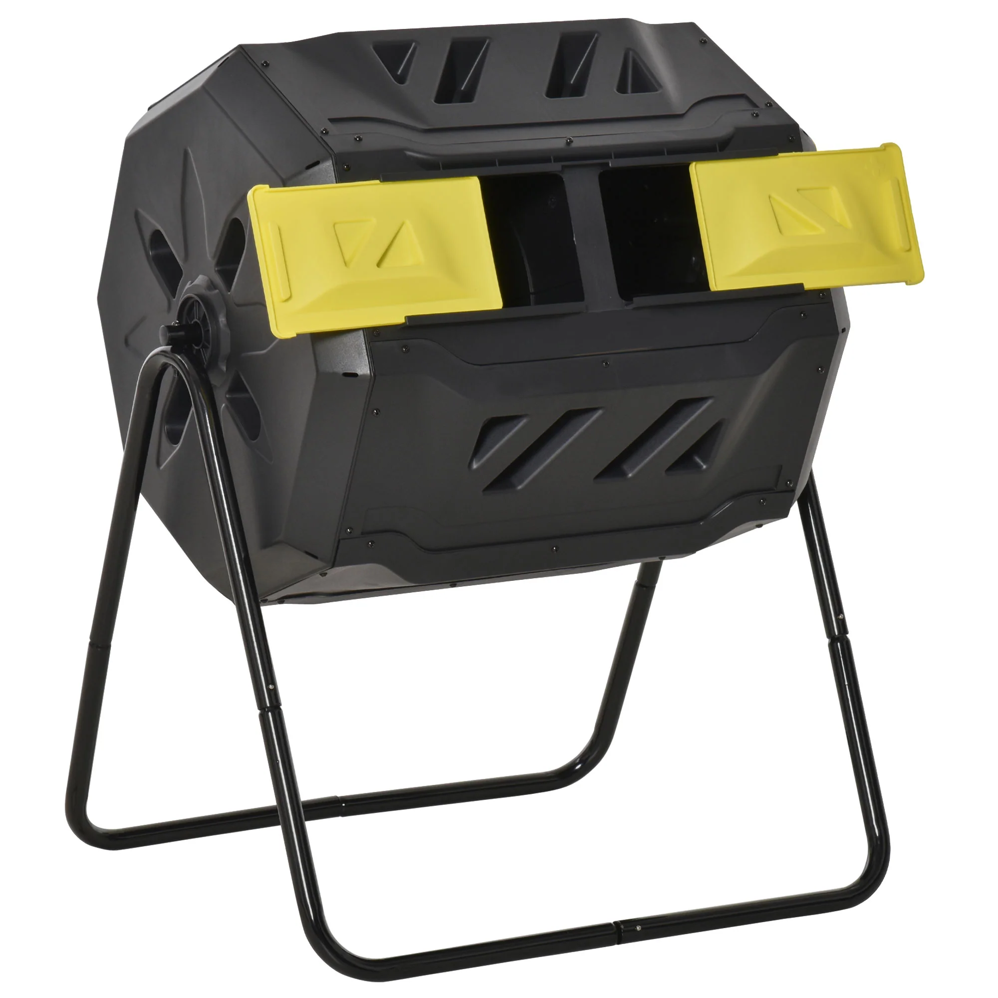 160L Tumbling Compost Bin Outdoor Dual Chamber 360¡ã Rotating Composter, Garden Compost Bin w/ Sliding Doors & Solid Steel Frame, Yellow