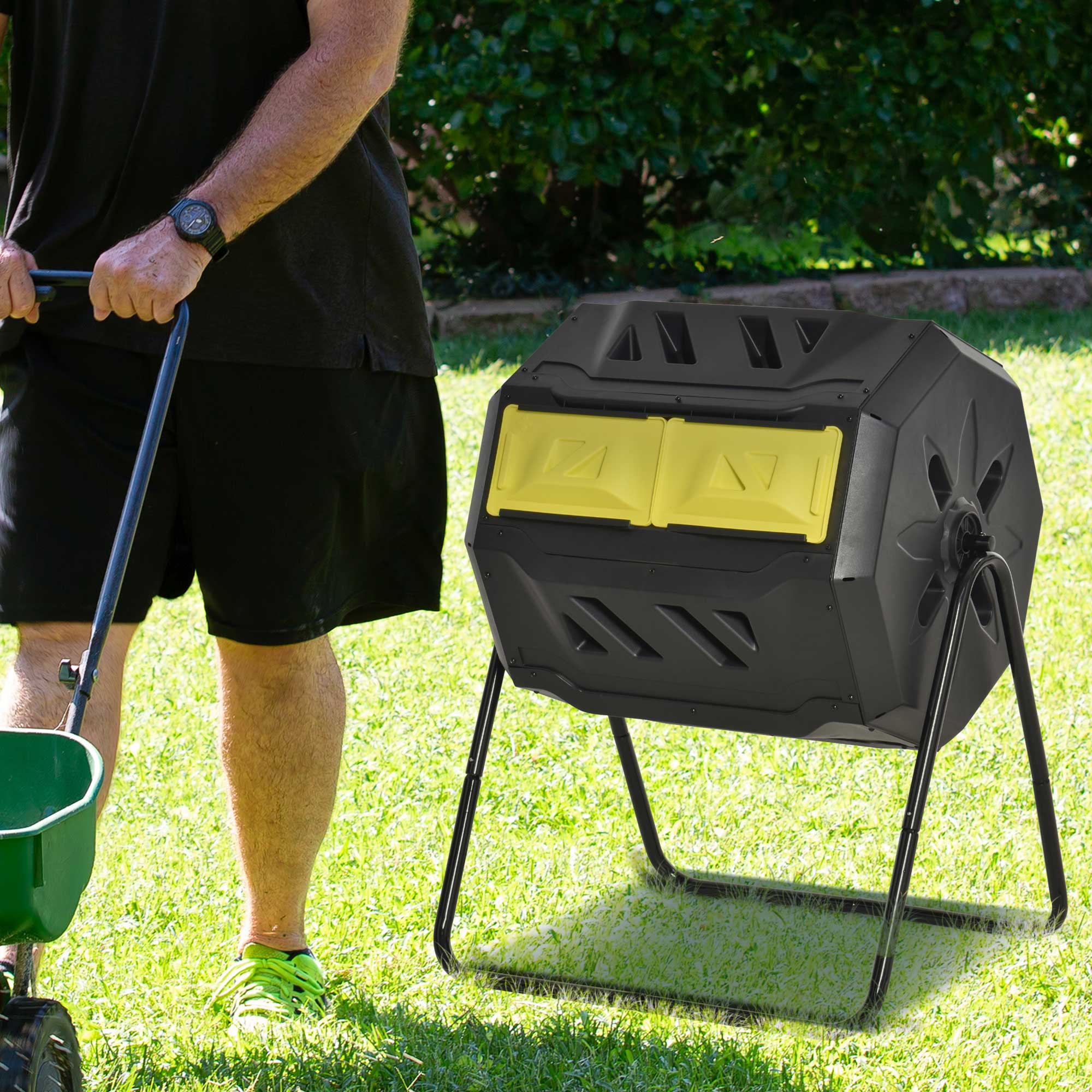 160L Tumbling Compost Bin Outdoor Dual Chamber 360¡ã Rotating Composter, Garden Compost Bin w/ Sliding Doors & Solid Steel Frame, Yellow - Image 10
