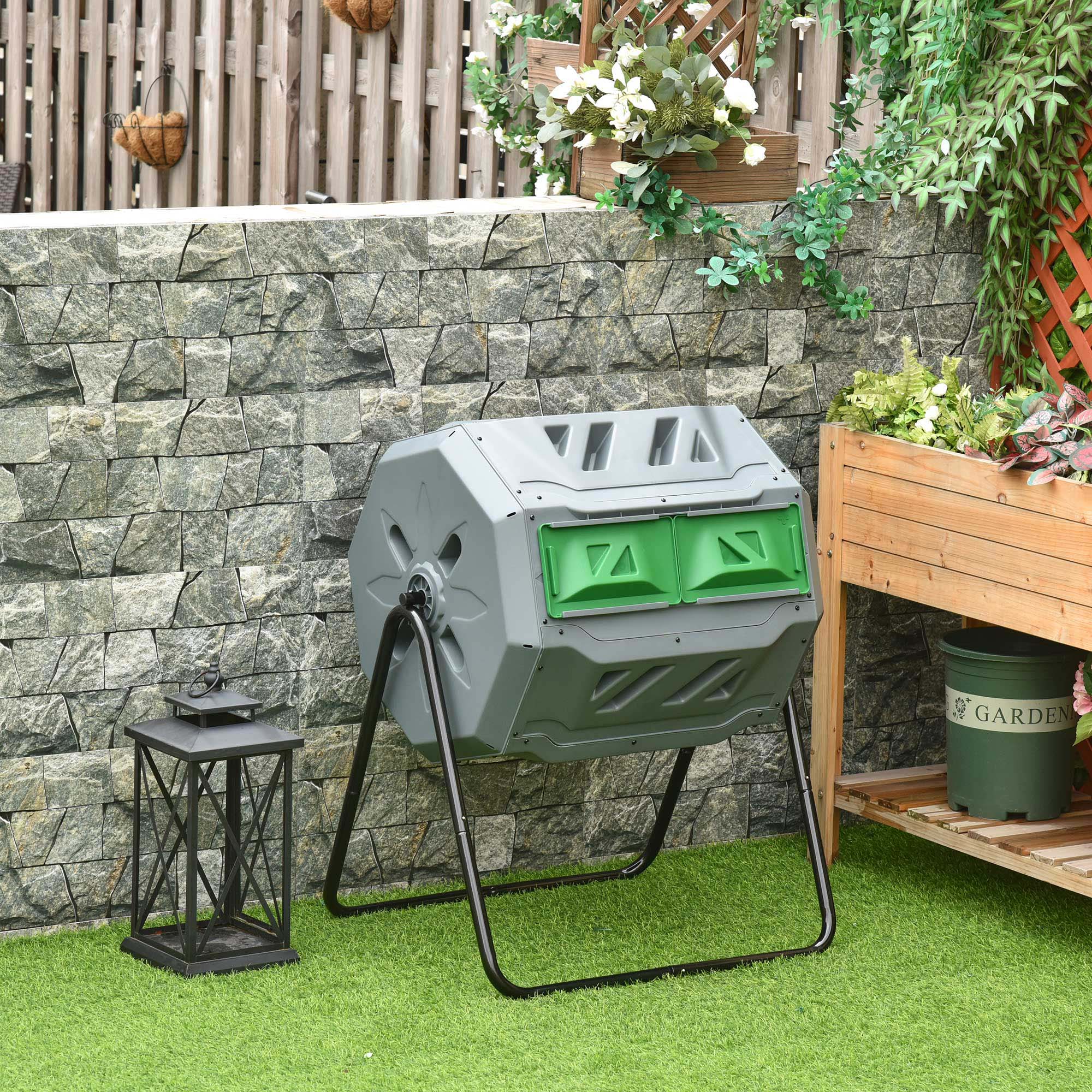 160L Tumbling Compost Bin with Sliding Doors & Solid Steel Frame, Grey - Image 3