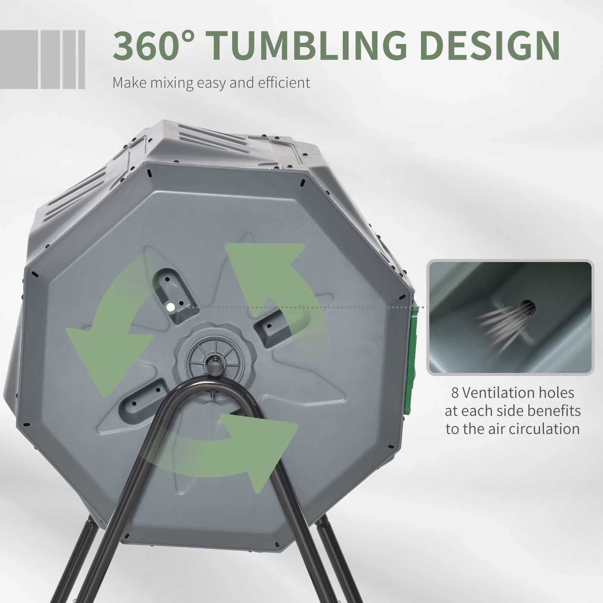 160L Tumbling Compost Bin with Sliding Doors & Solid Steel Frame, Grey - Image 6
