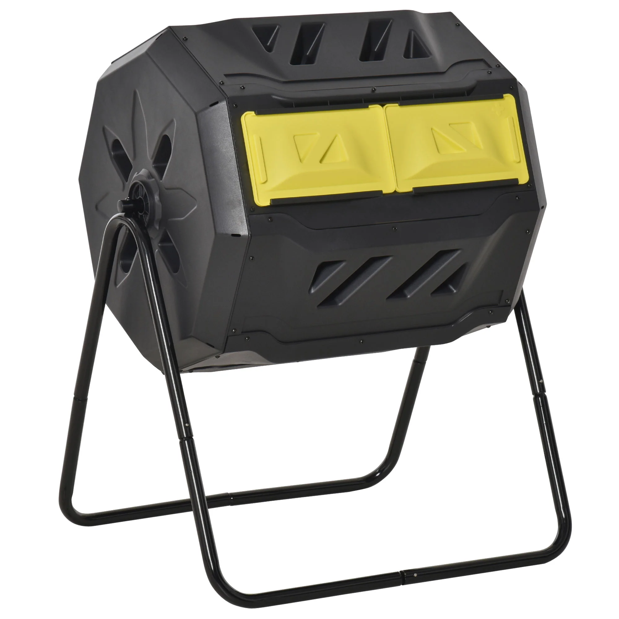 160L Tumbling Compost Bin Outdoor Dual Chamber 360¡ã Rotating Composter, Garden Compost Bin w/ Sliding Doors & Solid Steel Frame, Yellow - Image 2