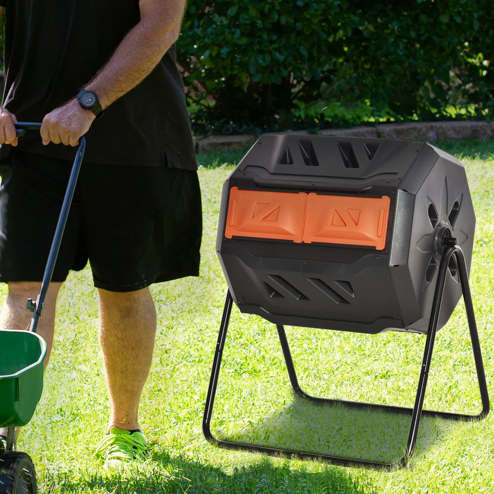 160L Tumbling Compost Bin Outdoor Dual Chamber 360¡ã Rotating Composter, Garden Compost Bin w/ Sliding Doors & Solid Steel Frame, Orange - Image 10