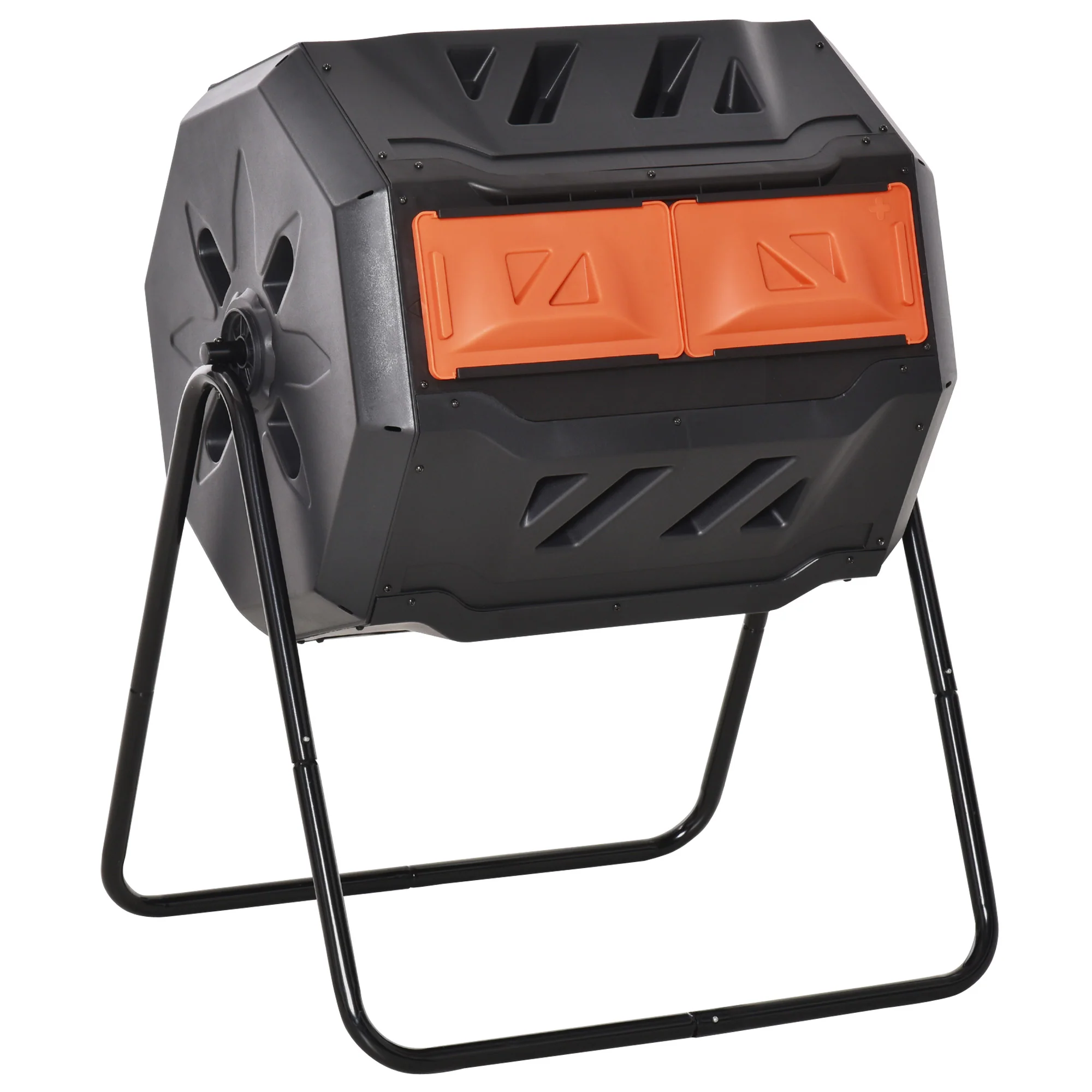 160L Tumbling Compost Bin Outdoor Dual Chamber 360¡ã Rotating Composter, Garden Compost Bin w/ Sliding Doors & Solid Steel Frame, Orange - Image 2