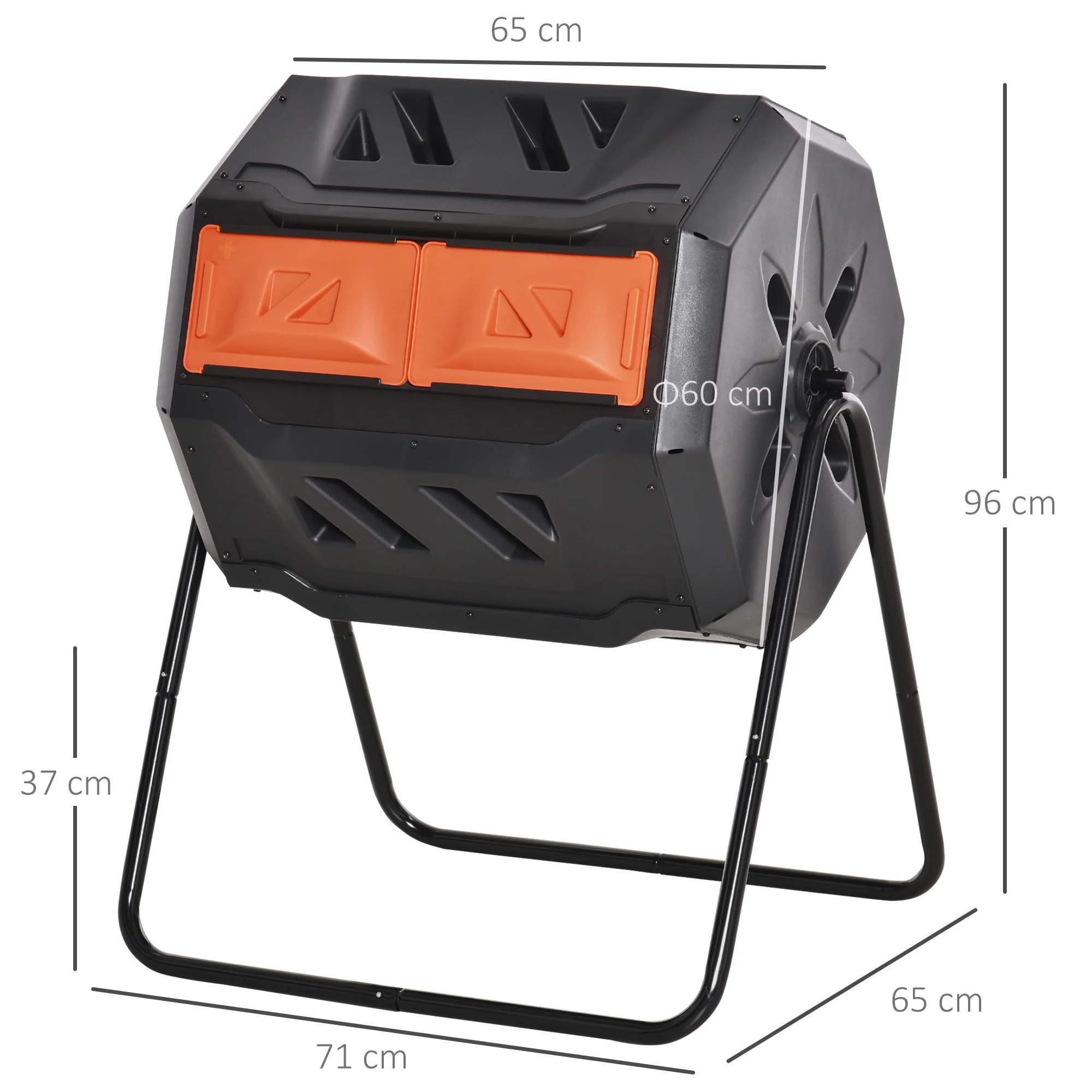 160L Tumbling Compost Bin Outdoor Dual Chamber 360¡ã Rotating Composter, Garden Compost Bin w/ Sliding Doors & Solid Steel Frame, Orange - Image 5