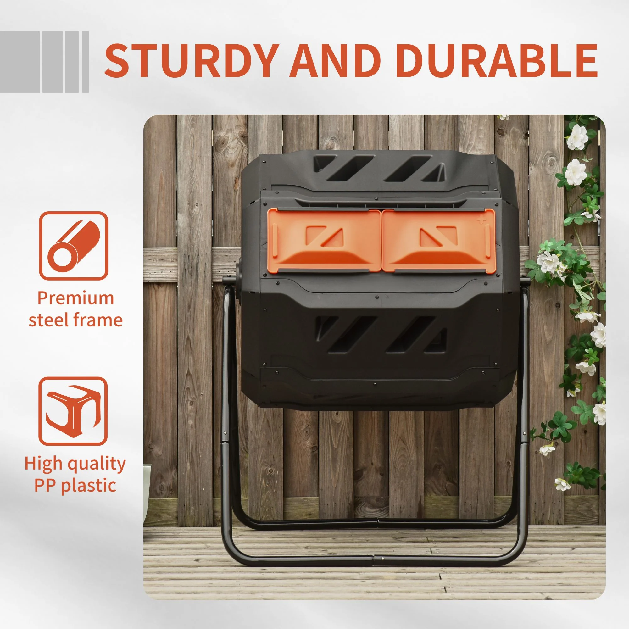 160L Tumbling Compost Bin Outdoor Dual Chamber 360¡ã Rotating Composter, Garden Compost Bin w/ Sliding Doors & Solid Steel Frame, Orange - Image 9