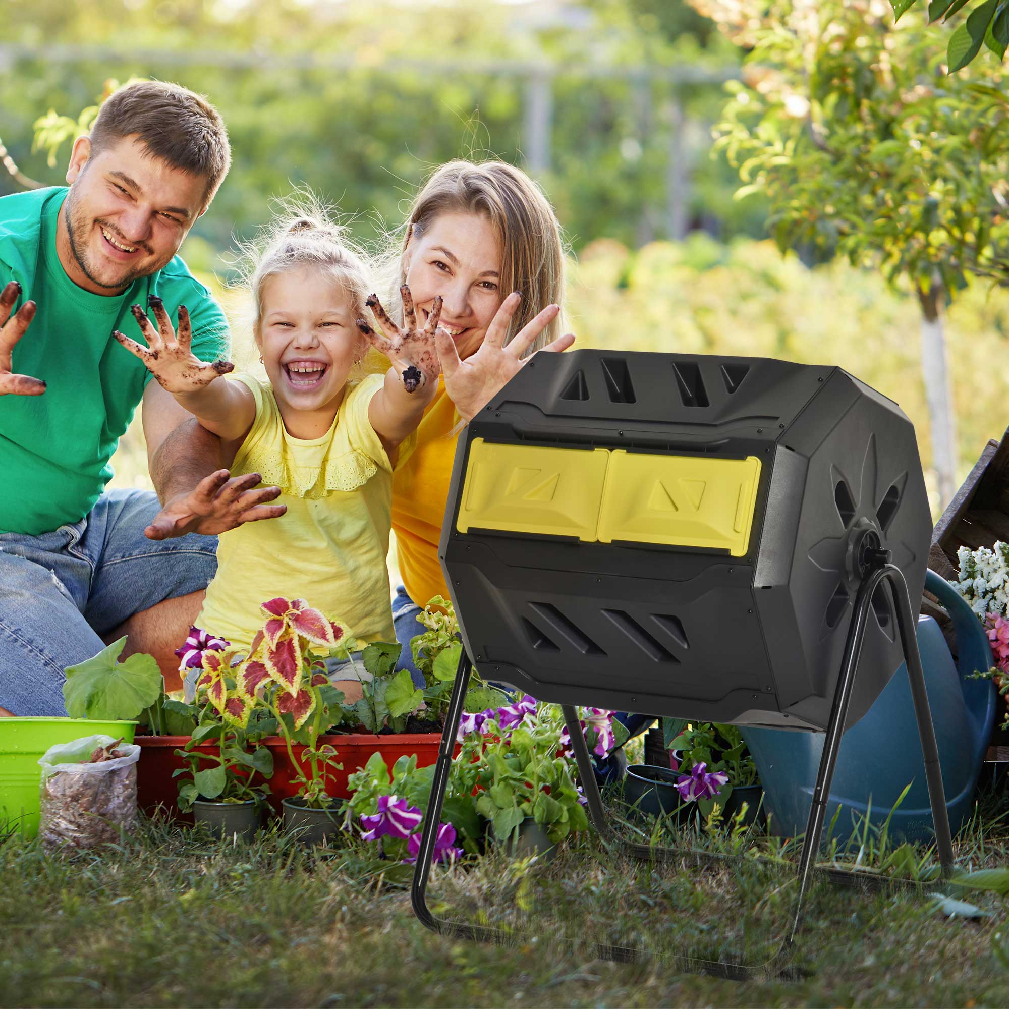 160L Tumbling Compost Bin Outdoor Dual Chamber 360¡ã Rotating Composter, Garden Compost Bin w/ Sliding Doors & Solid Steel Frame, Yellow - Image 3