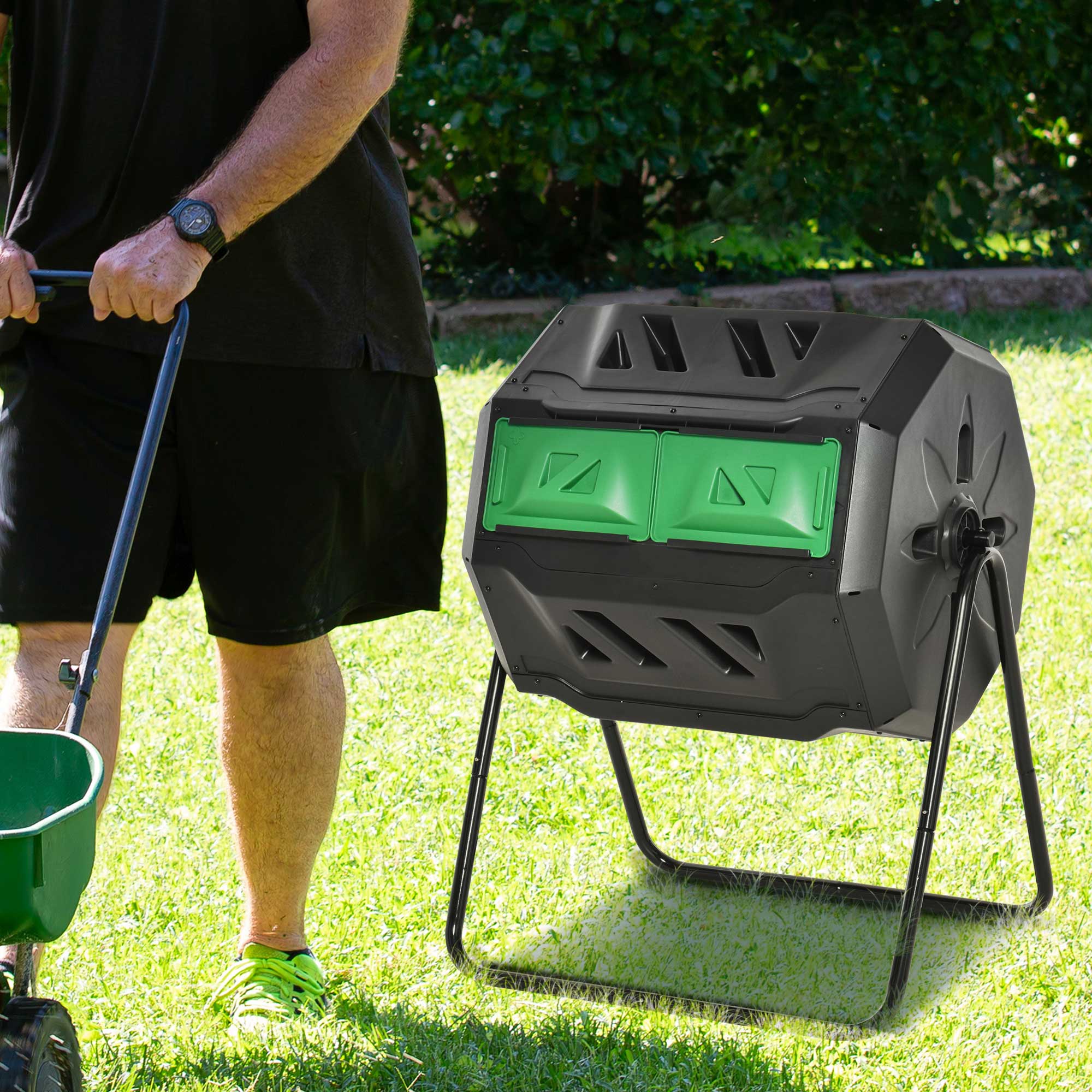 160L Tumbling Compost Bin Outdoor Dual Chamber 360¡ã Rotating Composter, Garden Compost Bin w/ Sliding Doors & Solid Steel Frame, Black - Image 11