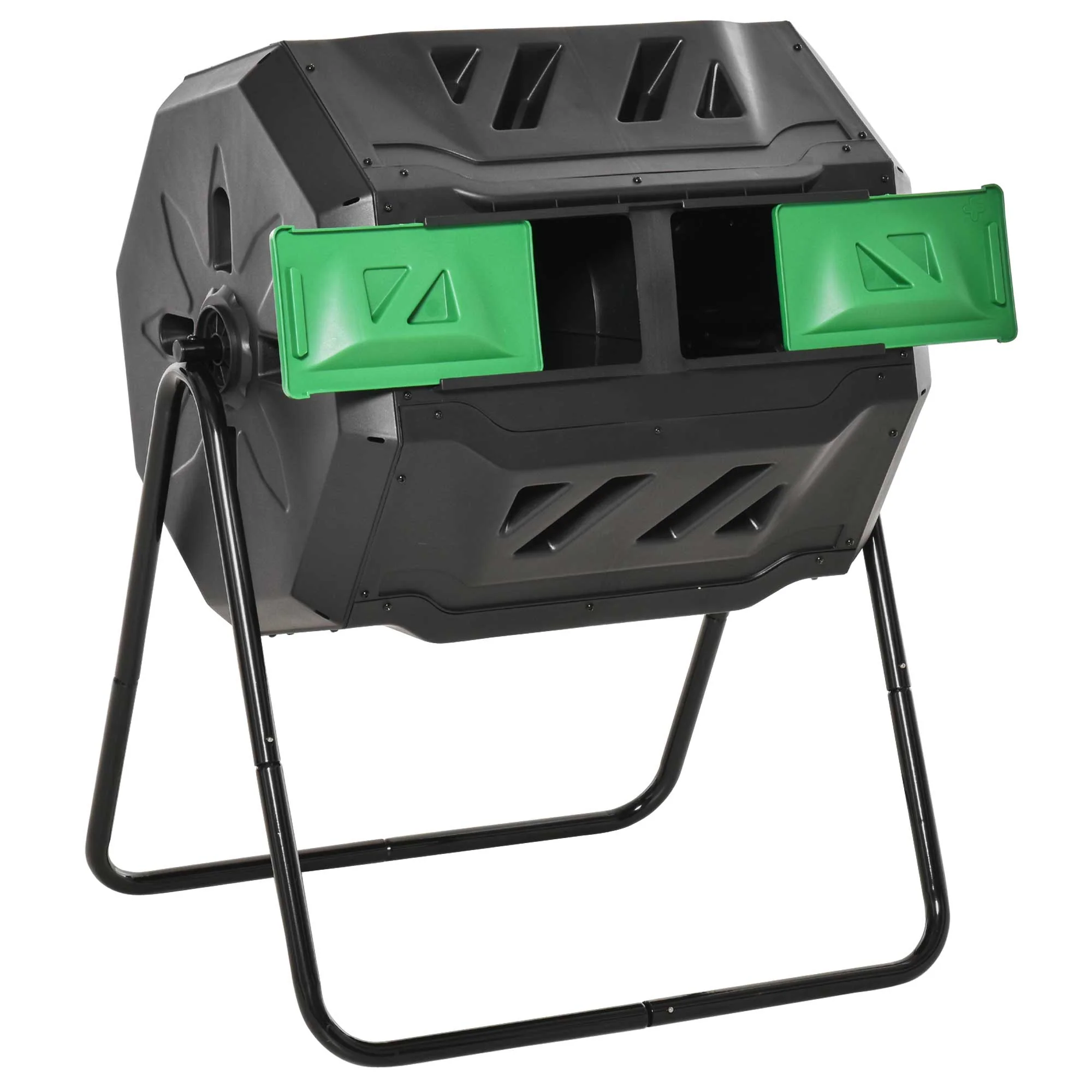 160L Tumbling Compost Bin Outdoor Dual Chamber 360¡ã Rotating Composter, Garden Compost Bin w/ Sliding Doors & Solid Steel Frame, Black - Image 12