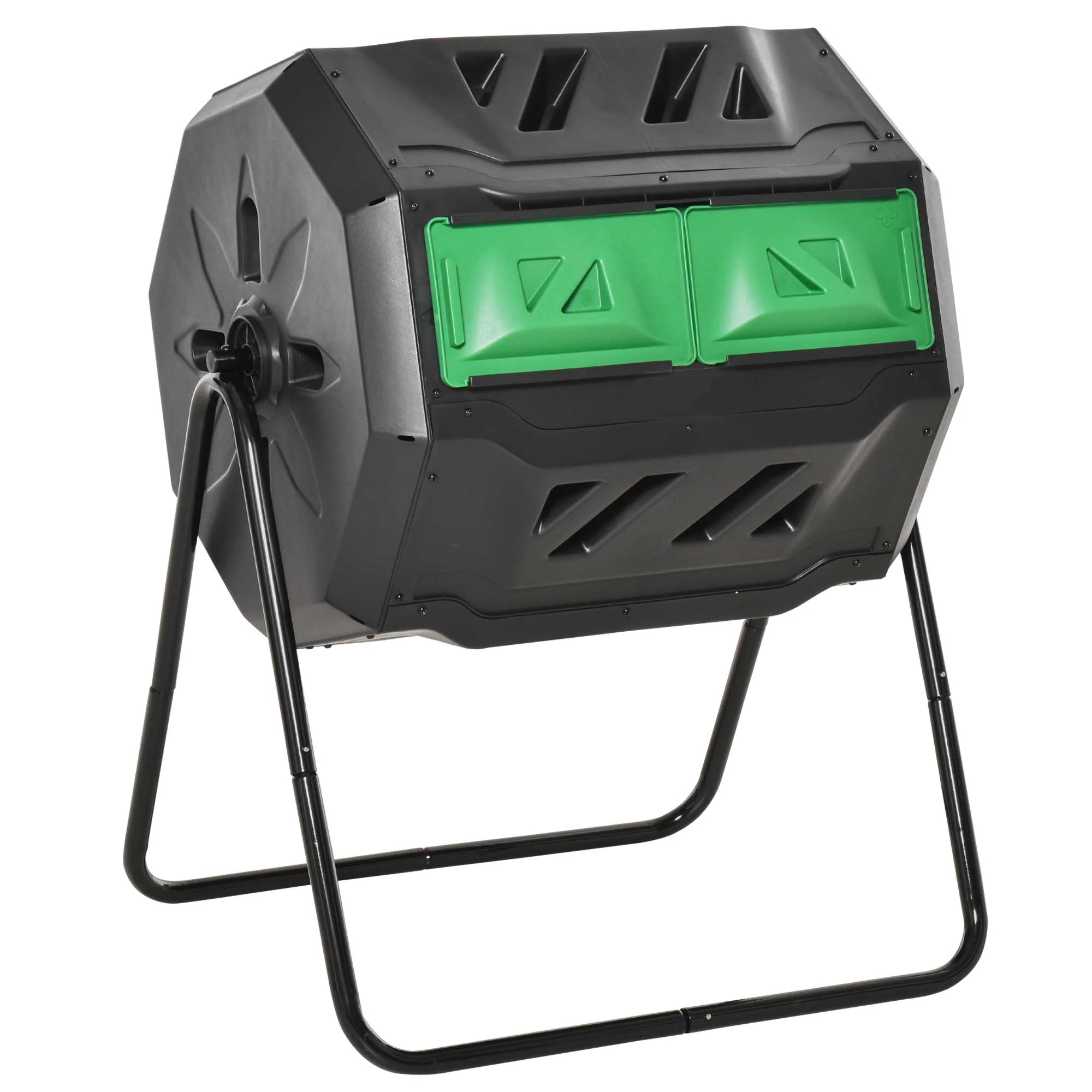 160L Tumbling Compost Bin Outdoor Dual Chamber 360¡ã Rotating Composter, Garden Compost Bin w/ Sliding Doors & Solid Steel Frame, Black - Image 2