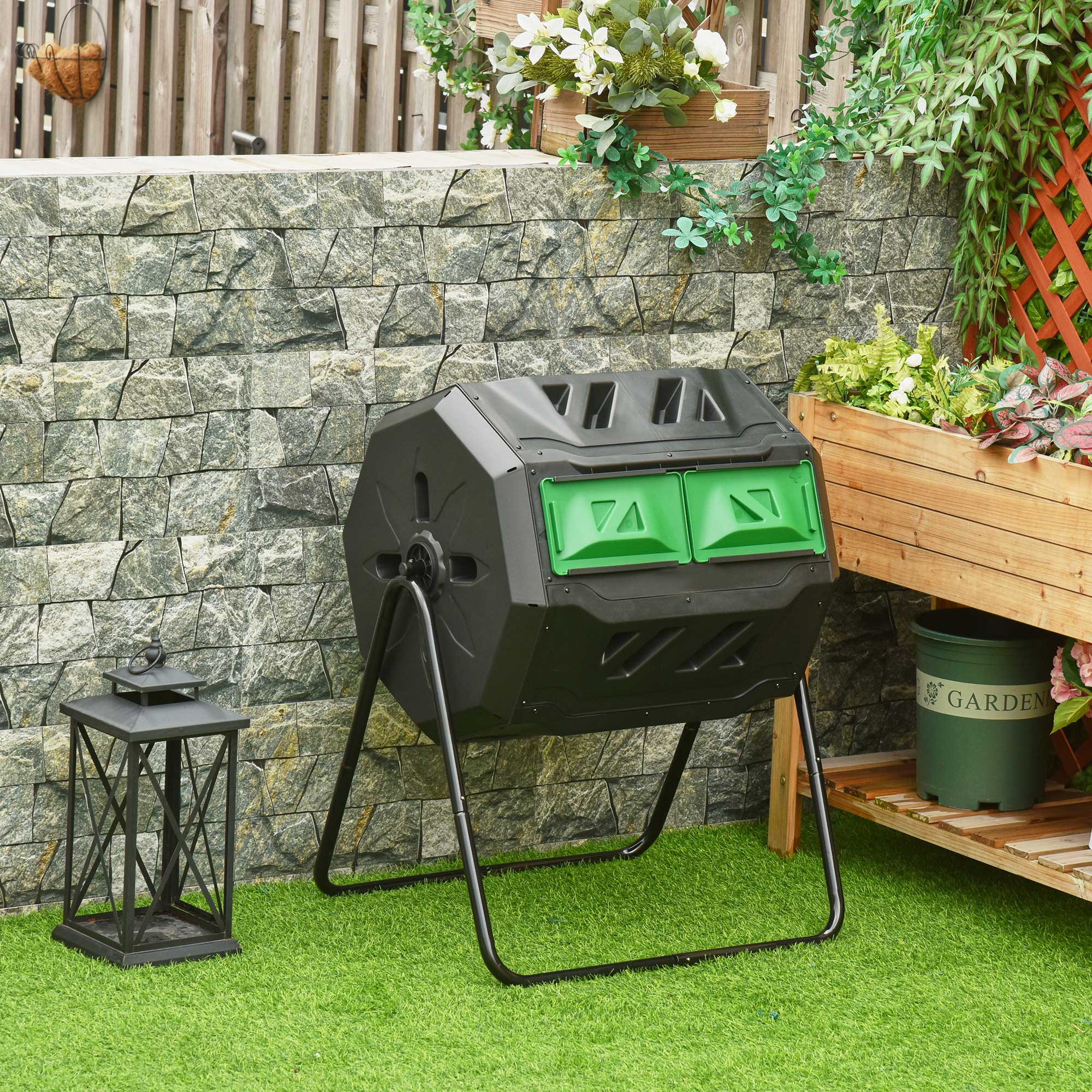 160L Tumbling Compost Bin Outdoor Dual Chamber 360¡ã Rotating Composter, Garden Compost Bin w/ Sliding Doors & Solid Steel Frame, Black - Image 3