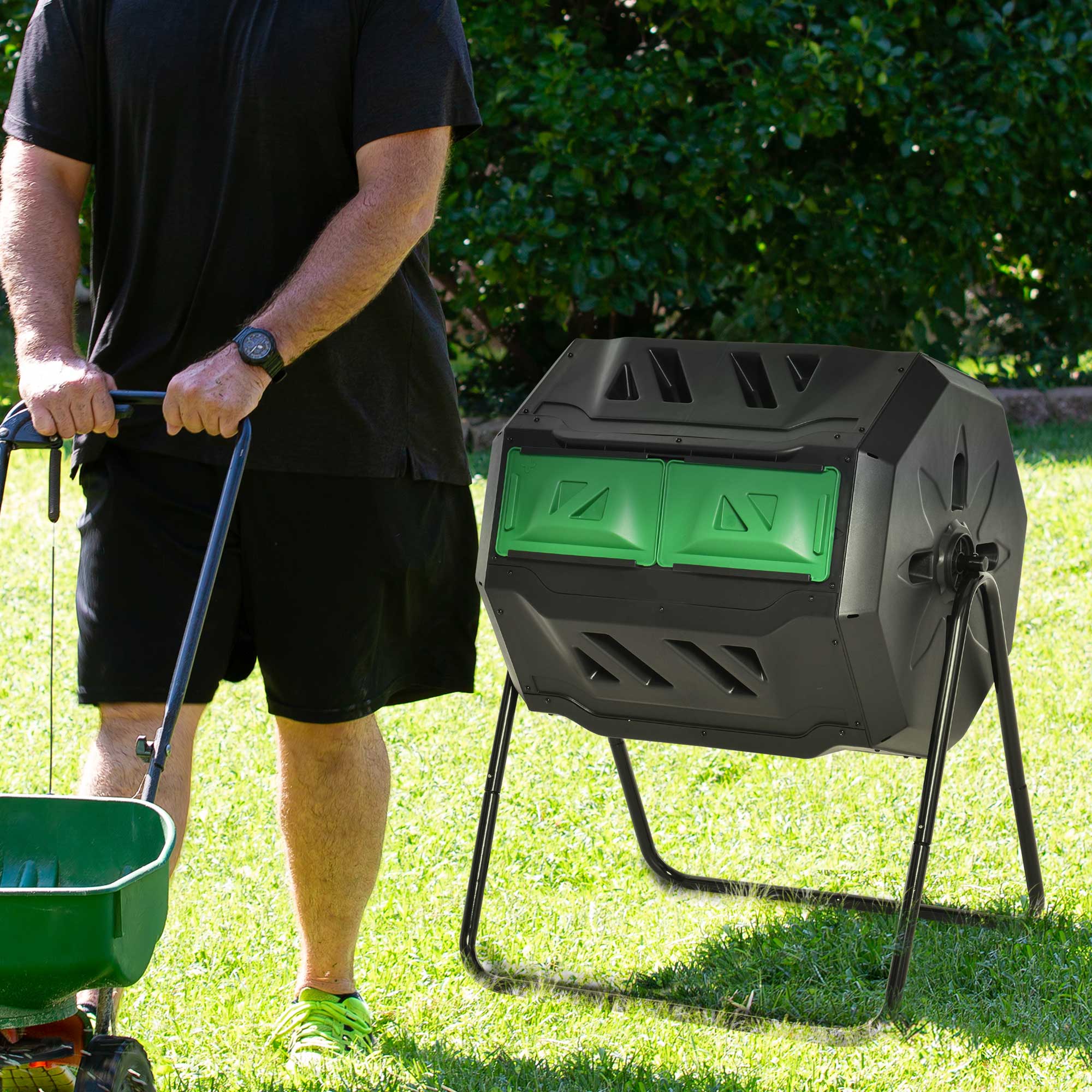 160L Tumbling Compost Bin Outdoor Dual Chamber 360¡ã Rotating Composter, Garden Compost Bin w/ Sliding Doors & Solid Steel Frame, Black - Image 4