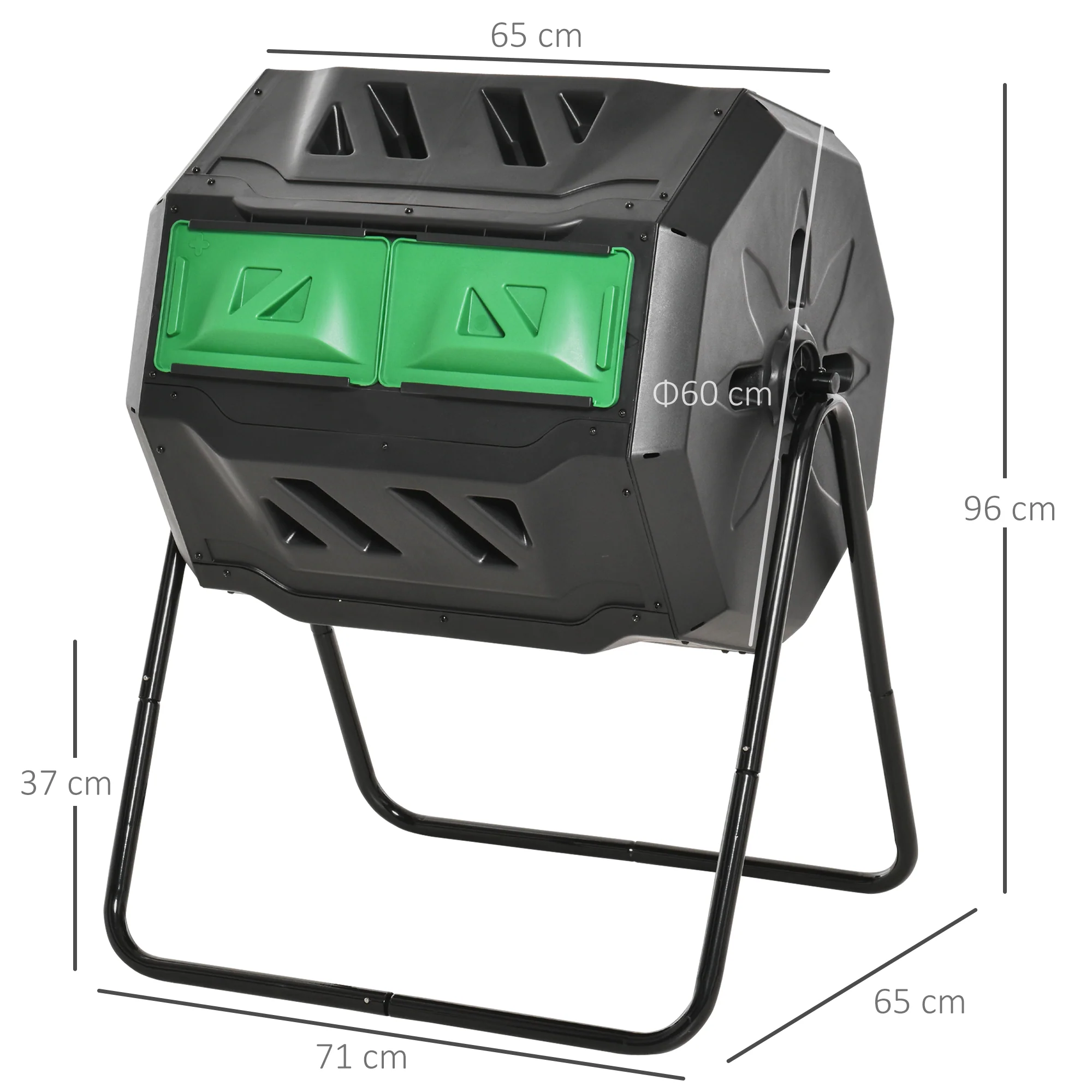 160L Tumbling Compost Bin Outdoor Dual Chamber 360¡ã Rotating Composter, Garden Compost Bin w/ Sliding Doors & Solid Steel Frame, Black - Image 5