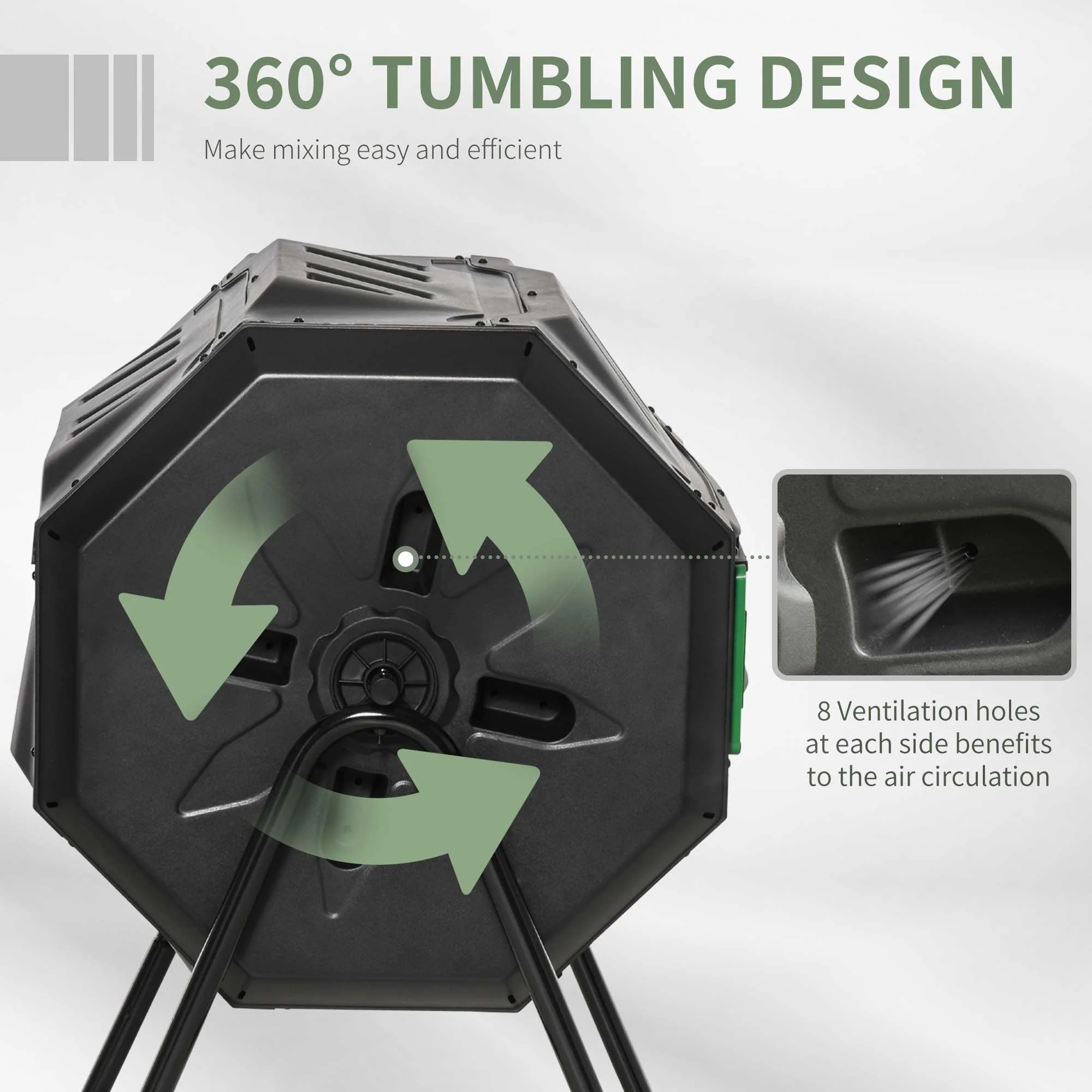 160L Tumbling Compost Bin Outdoor Dual Chamber 360¡ã Rotating Composter, Garden Compost Bin w/ Sliding Doors & Solid Steel Frame, Black - Image 7