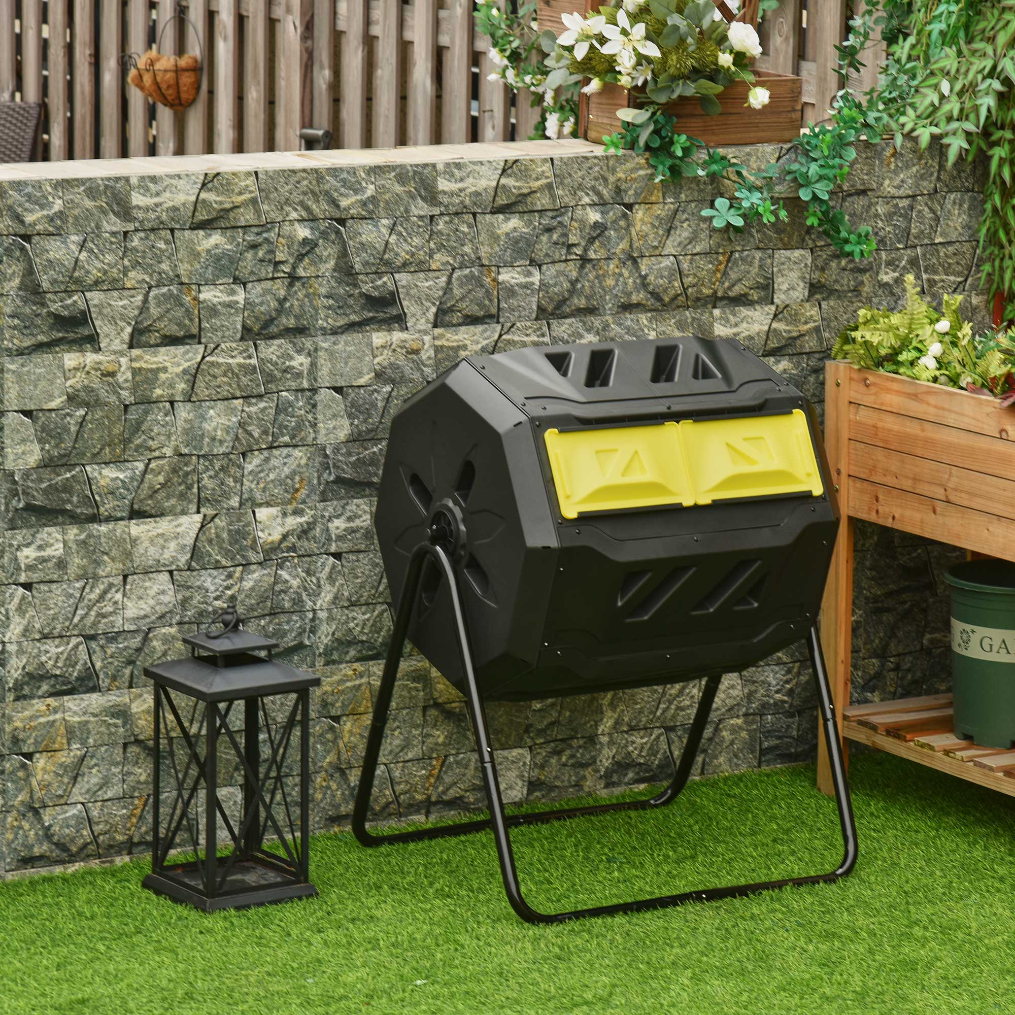 160L Tumbling Compost Bin Outdoor Dual Chamber 360¡ã Rotating Composter, Garden Compost Bin w/ Sliding Doors & Solid Steel Frame, Yellow - Image 4