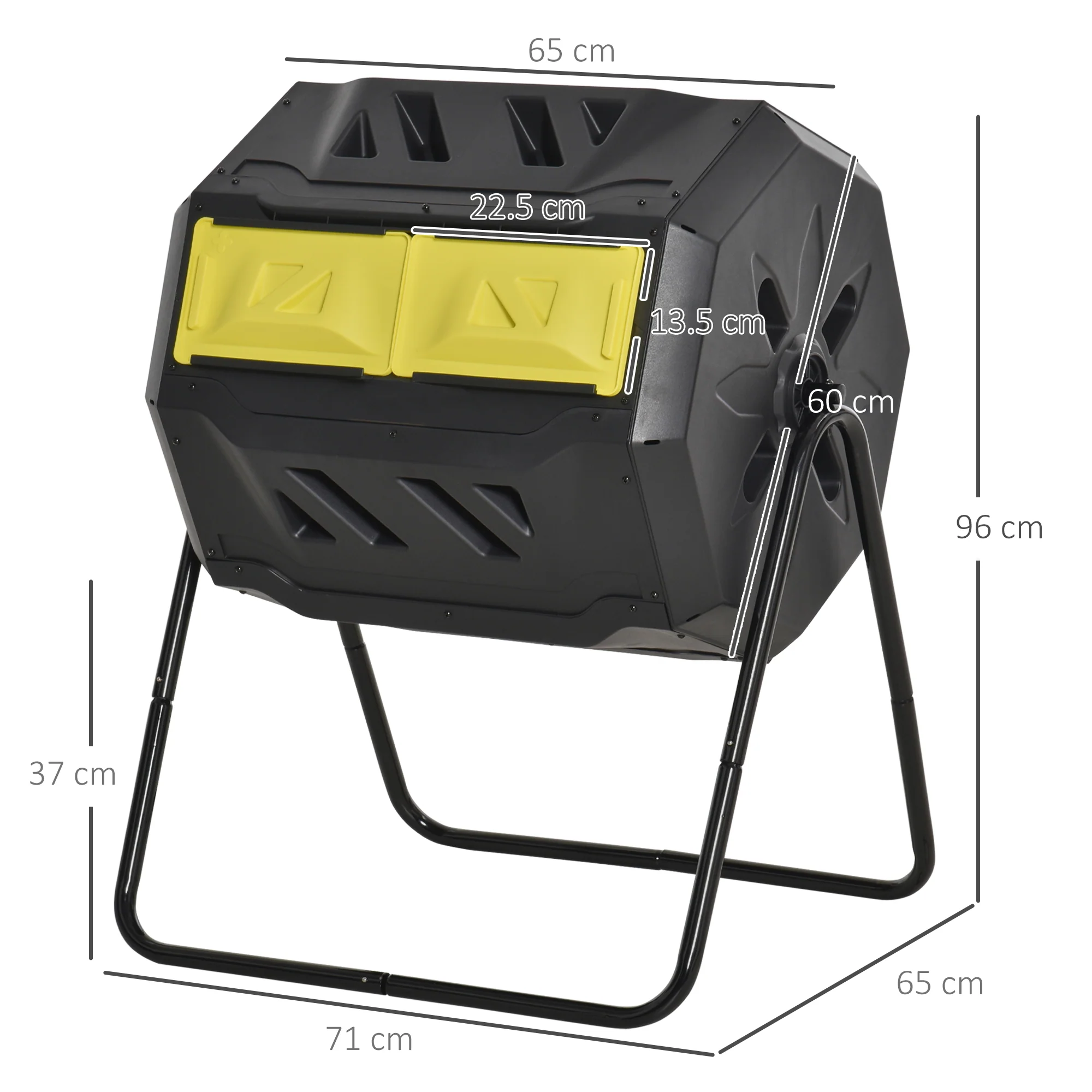 160L Tumbling Compost Bin Outdoor Dual Chamber 360¡ã Rotating Composter, Garden Compost Bin w/ Sliding Doors & Solid Steel Frame, Yellow - Image 5
