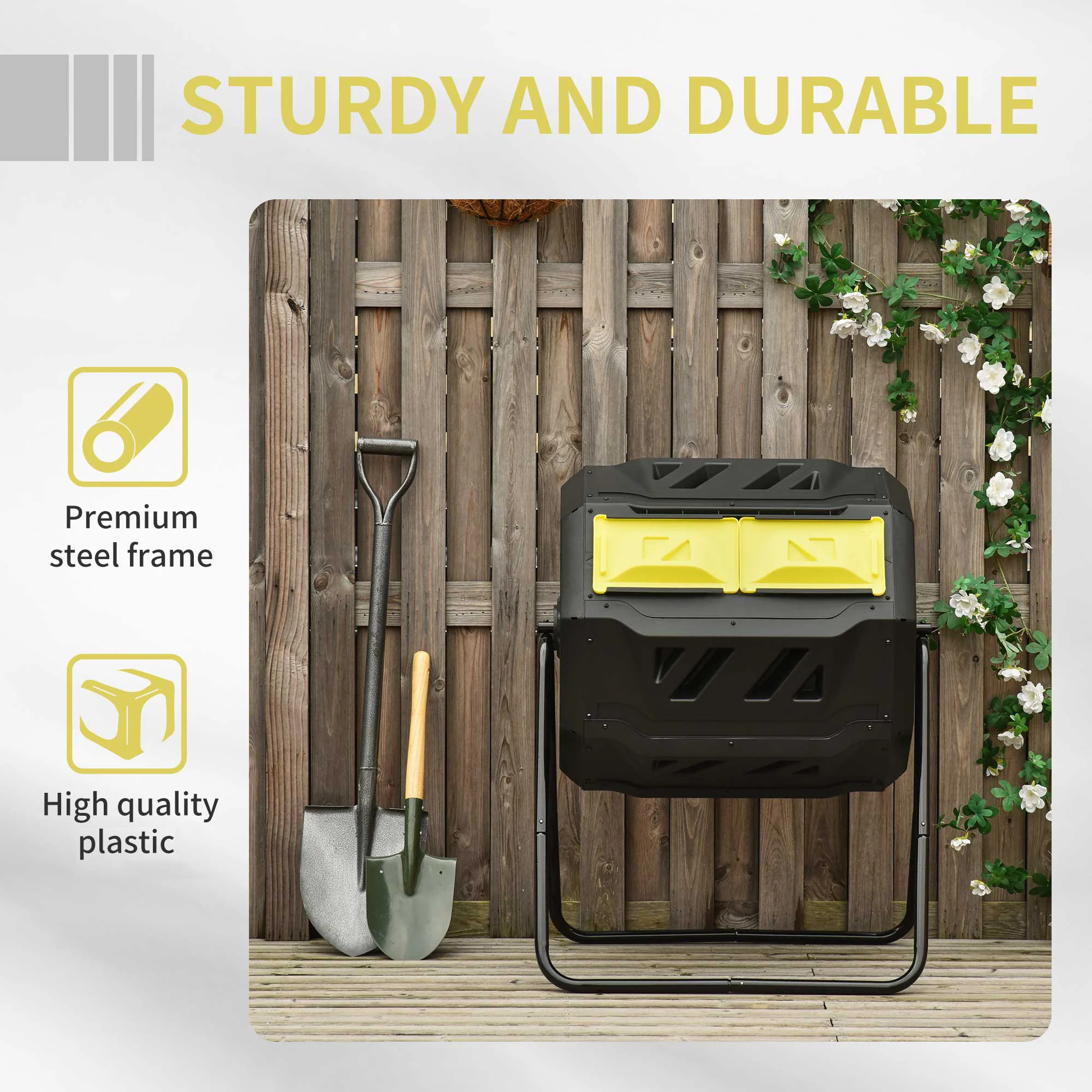 160L Tumbling Compost Bin Outdoor Dual Chamber 360¡ã Rotating Composter, Garden Compost Bin w/ Sliding Doors & Solid Steel Frame, Yellow - Image 9
