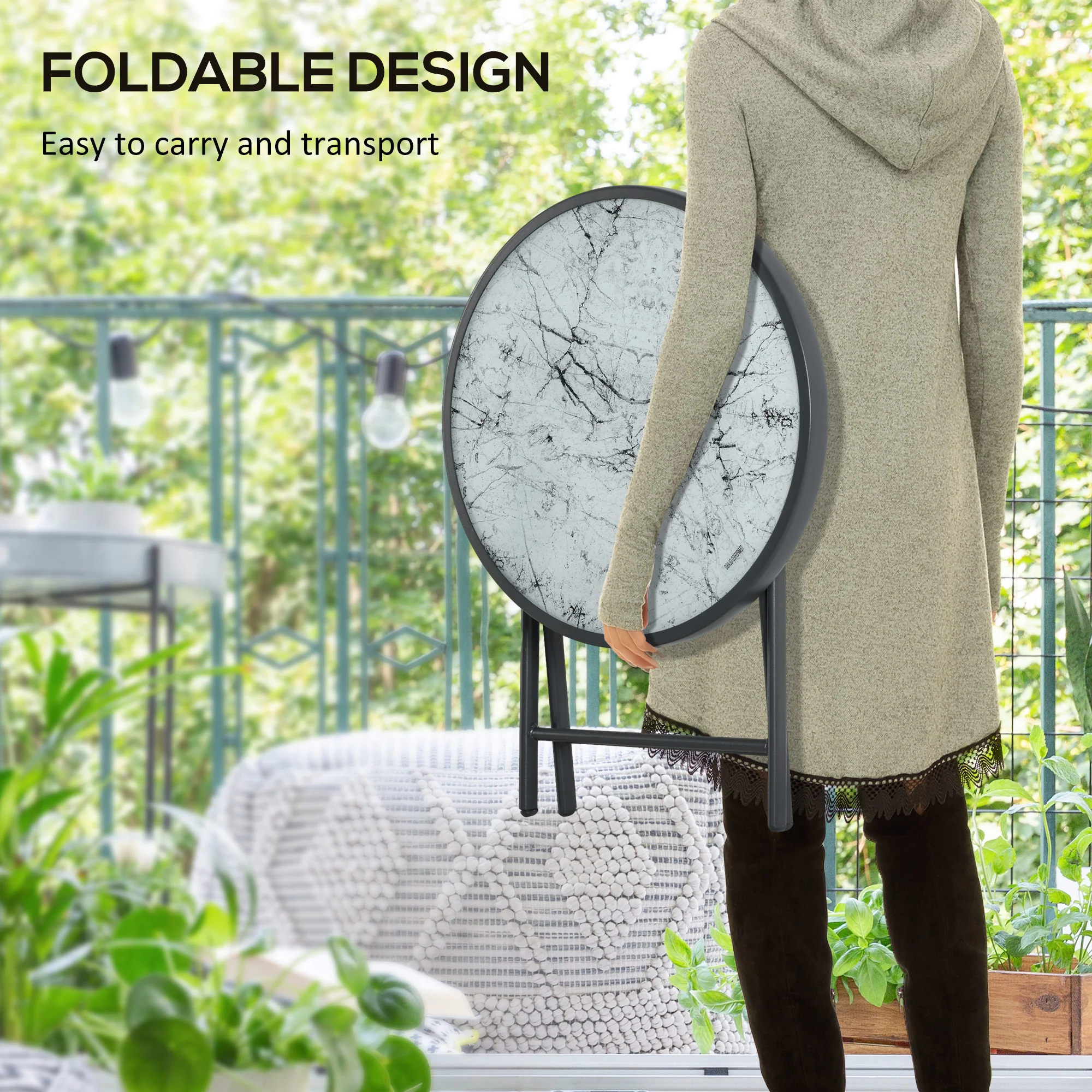 18" Outdoor Round Folding Table with Tempered Glass Top, White - Image 6